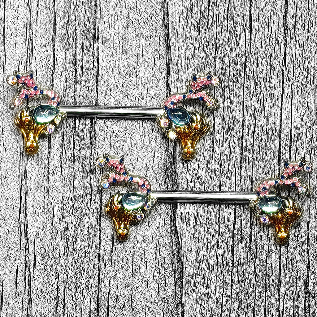BodyCandy 14G 9/16 Blue Aurora Gem Abstract Mermaid Barbell Nipple Ring Set — side view