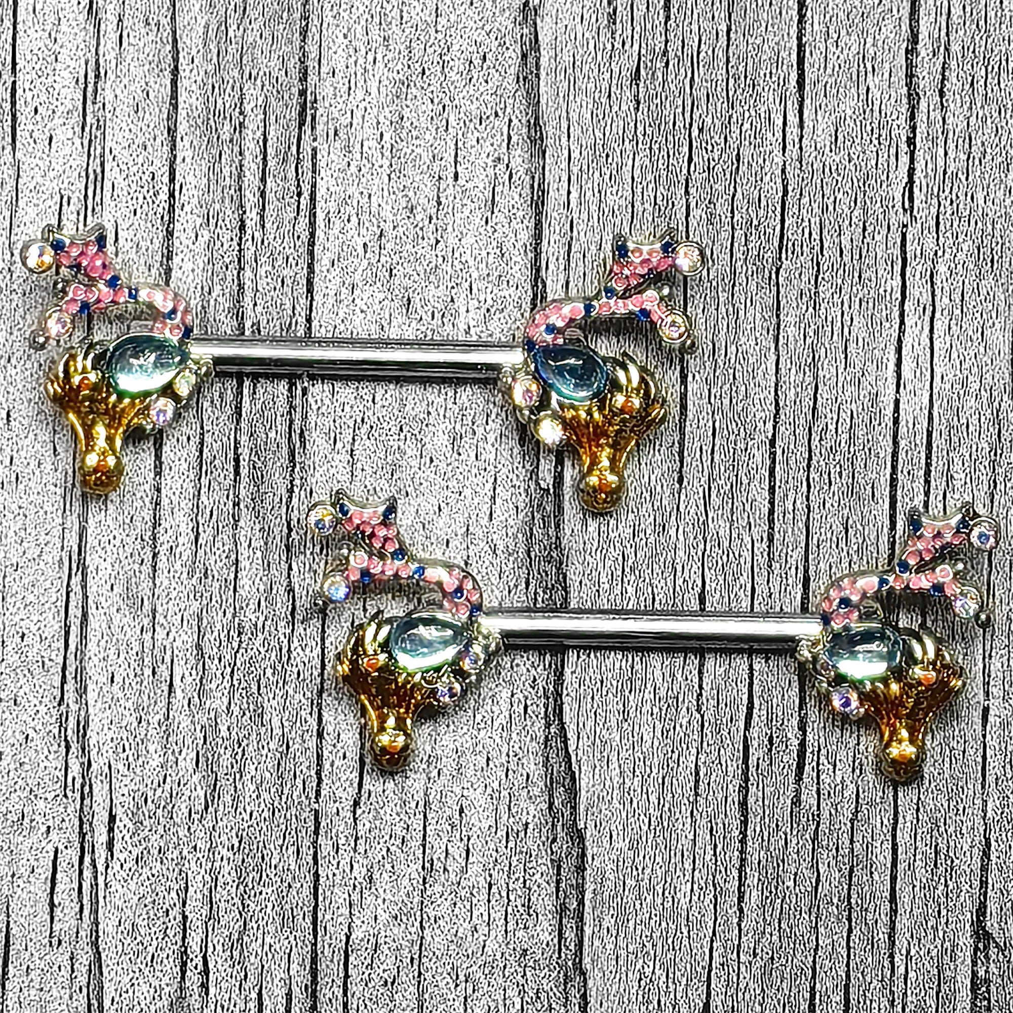 BodyCandy 14G 9/16 Blue Aurora Gem Abstract Mermaid Barbell Nipple Ring Set — side view