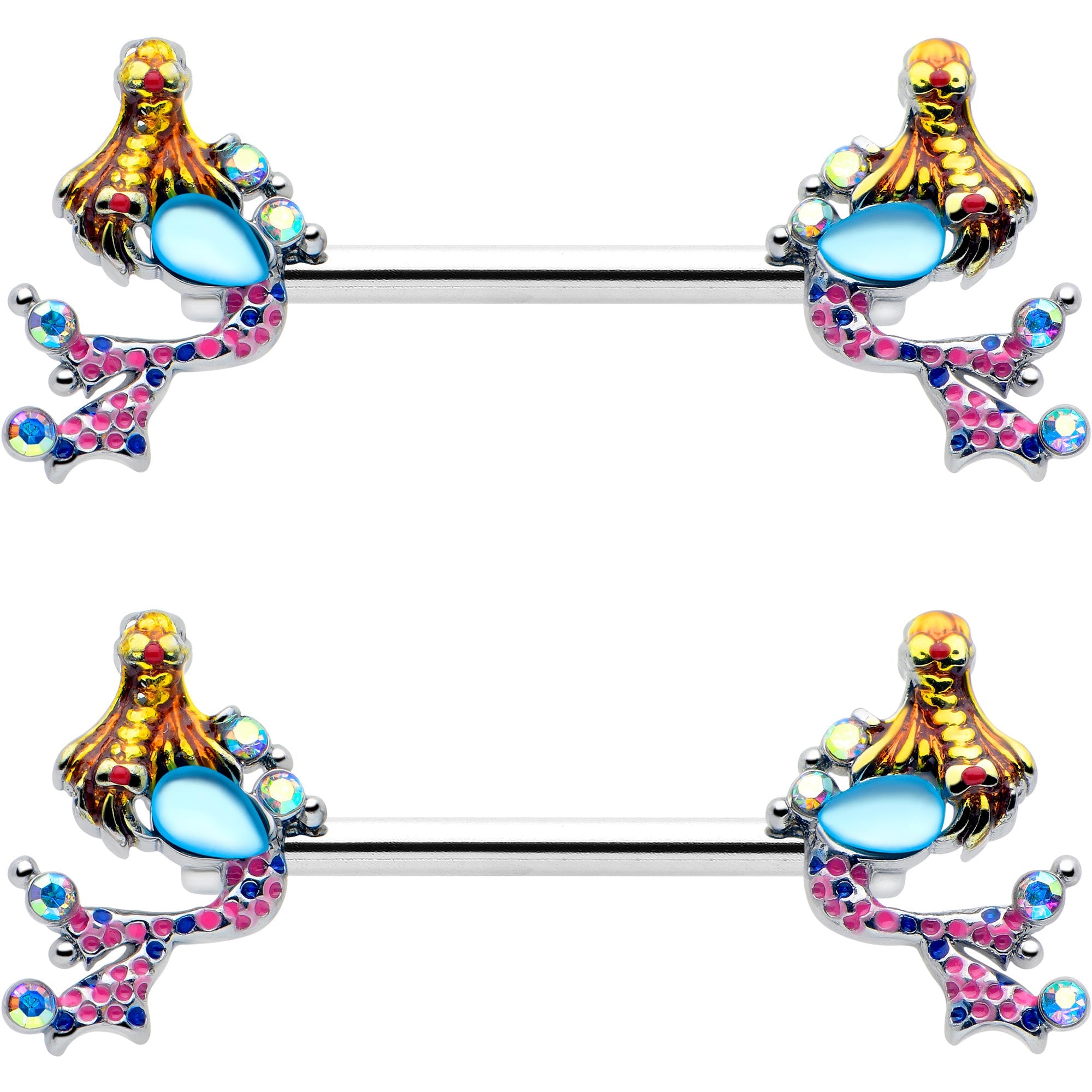 BodyCandy 14G 9/16 Blue Aurora Gem Abstract Mermaid Barbell Nipple Ring Set — detail close-up