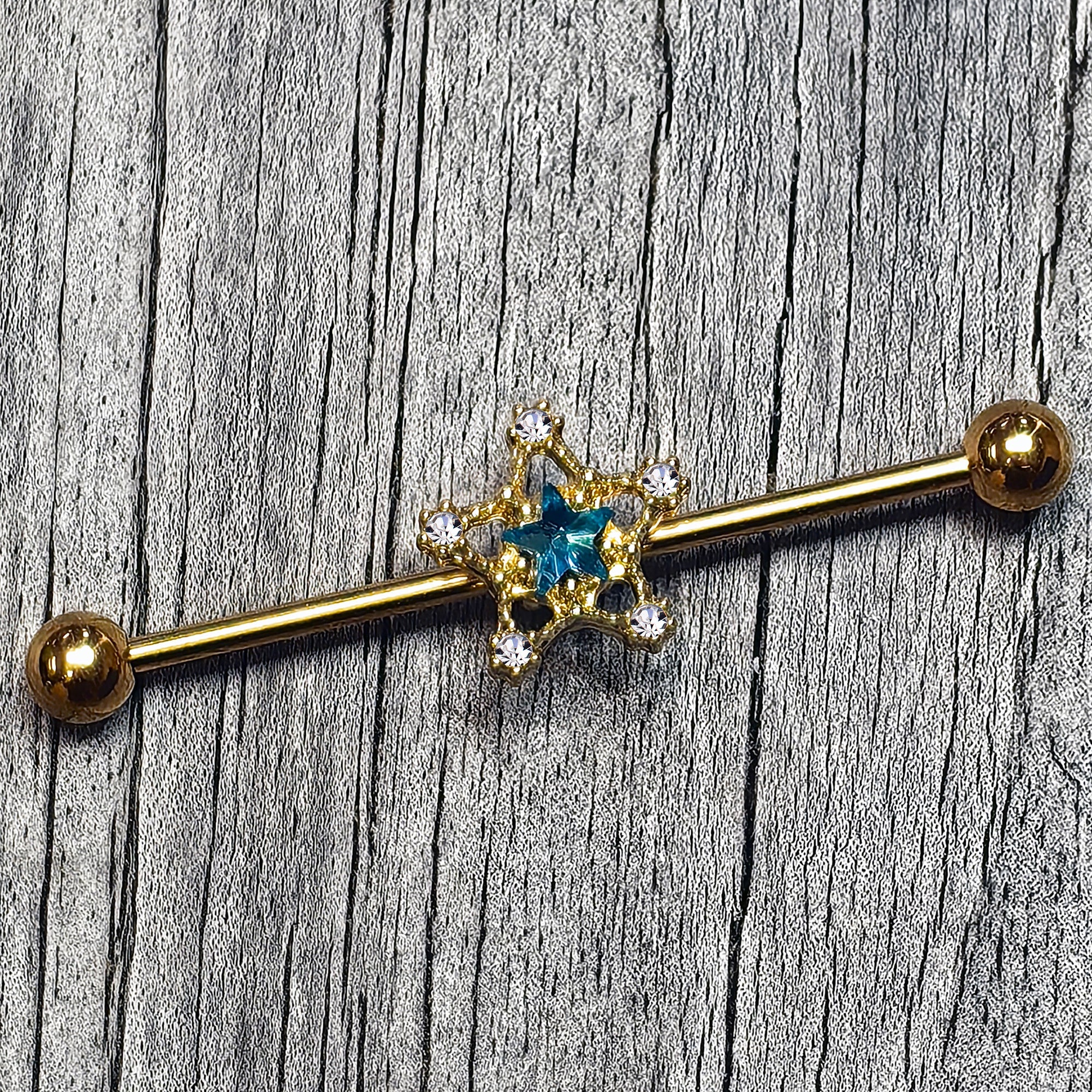 BodyCandy 14G Blue Clear Gem Gold Tone Starry Glam Industrial Barbell 38mm — main product shot