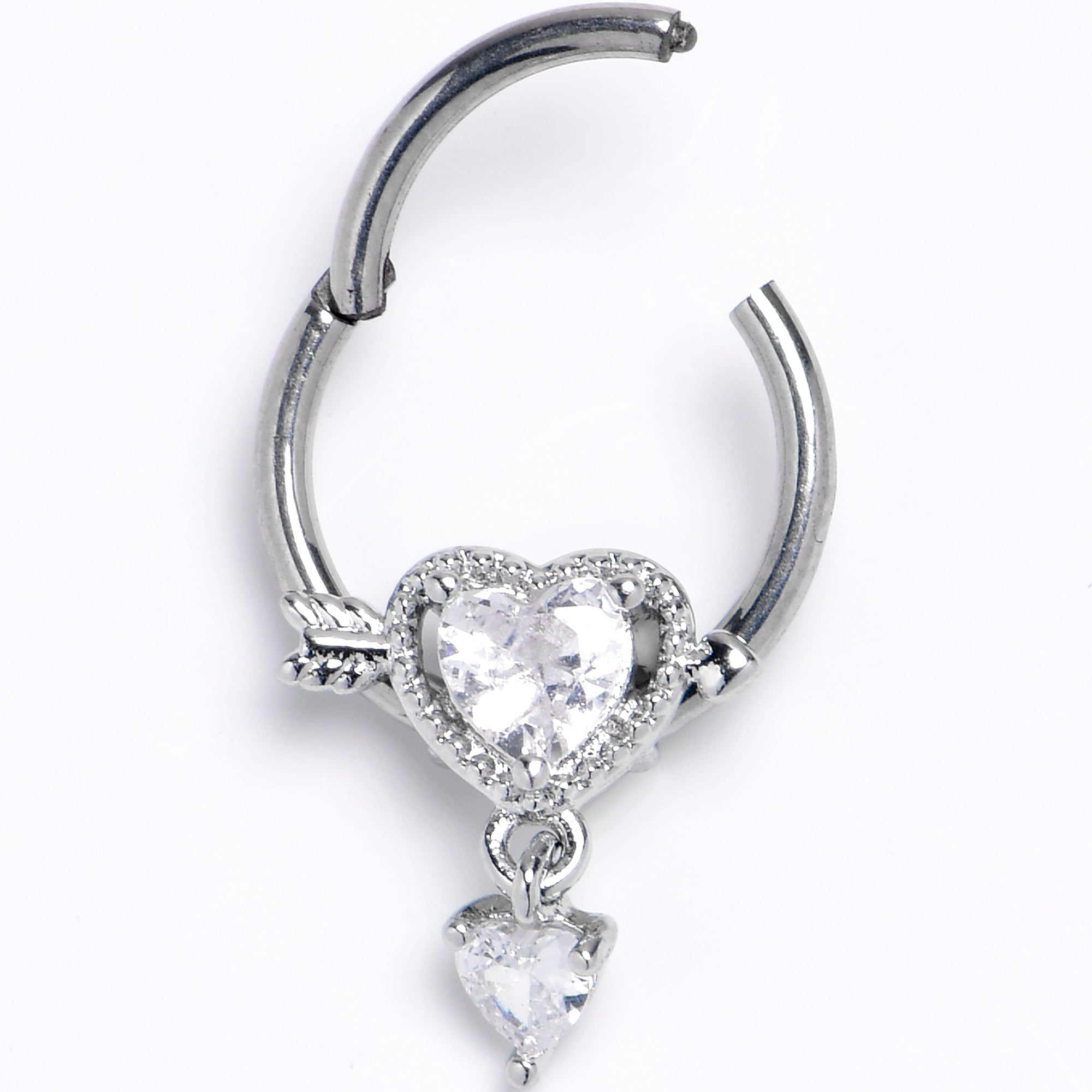 BodyCandy 16G 3/8 Clear Gem Fusion of Love Arrow Heart Hinged Segment Ring — main product shot