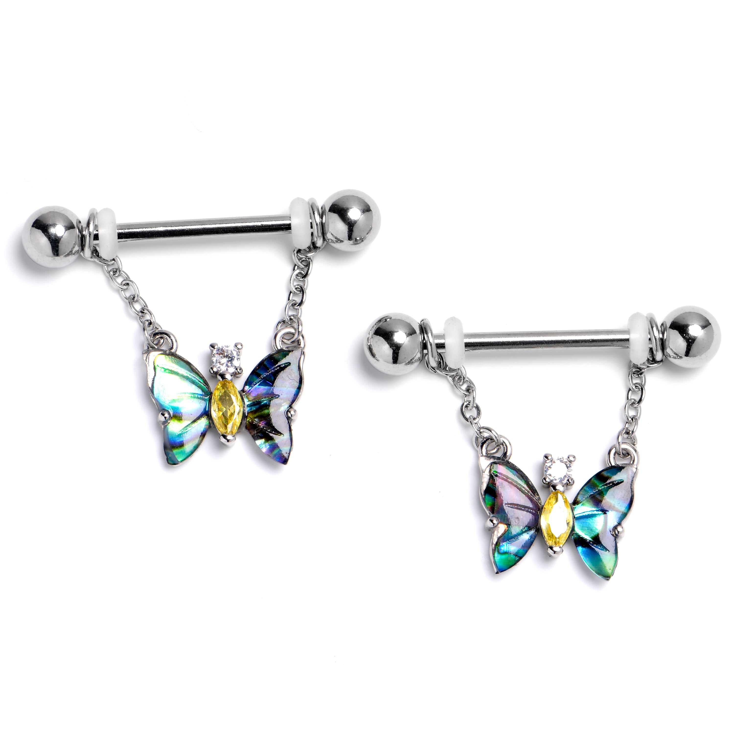 BodyCandy 14G 9/16 Yellow Gem Dark Butterflies Chain Dangle Nipple Ring Set — main product shot