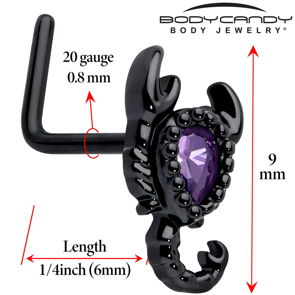 BodyCandy 20G 7mm Purple Gem Black Goth Scorpion L Shape Nose Ring — detail close-up