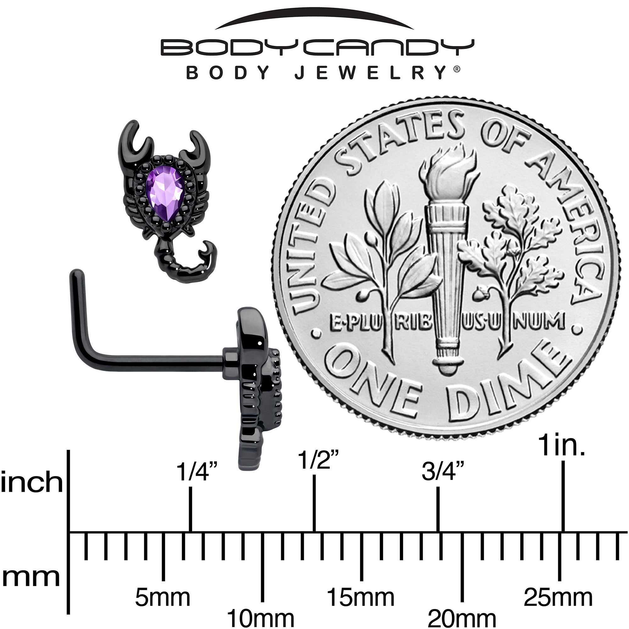 BodyCandy 20G 7mm Purple Gem Black Goth Scorpion L Shape Nose Ring — back view