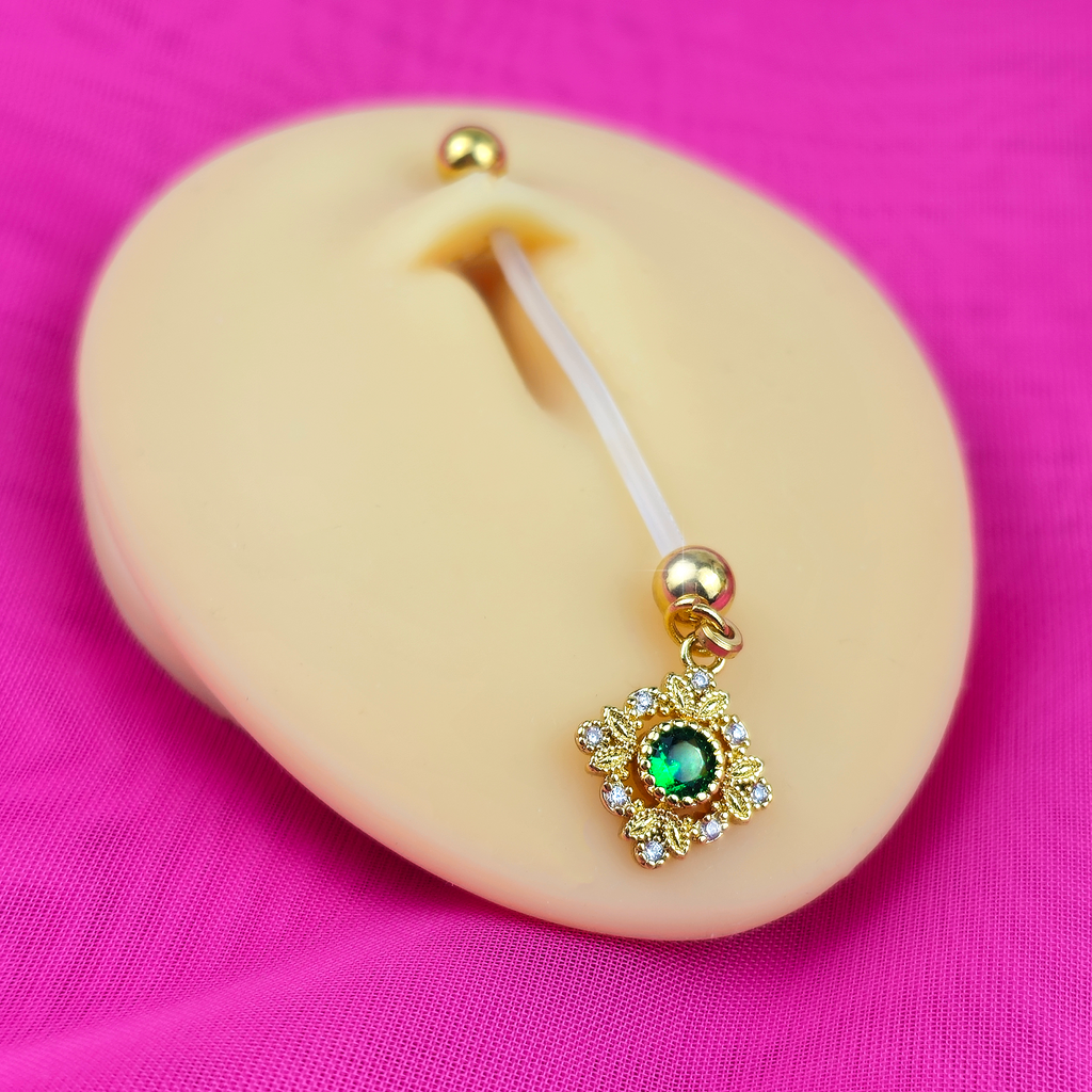BodyCandy Green Clear Gem Bioplast Royal Beauty PTFE Dangle Pregnancy Belly Ring — detail close-up