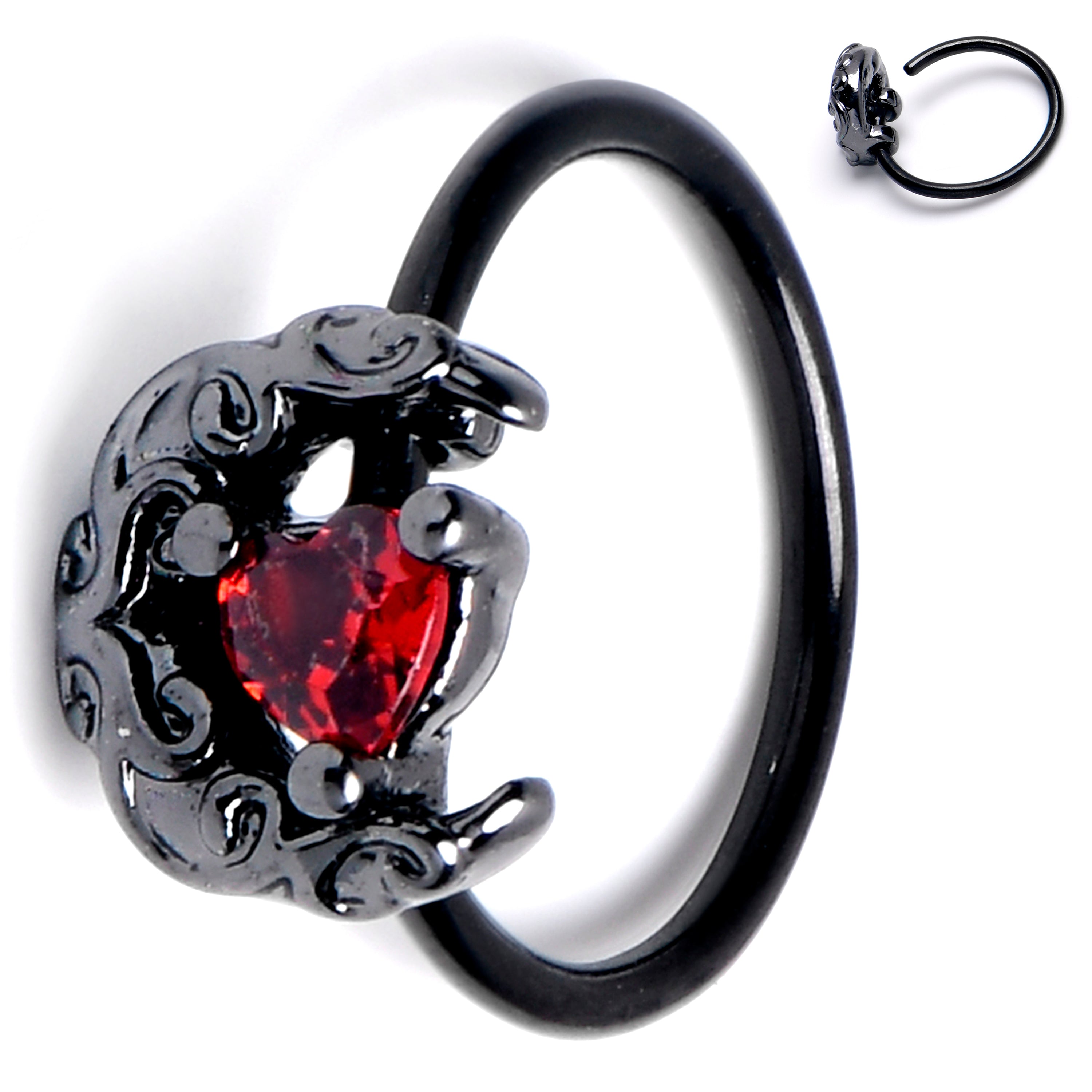 BodyCandy 20G 5/16 Red Gem Black Scroll Moon Heart Nose Hoop — alternative angle