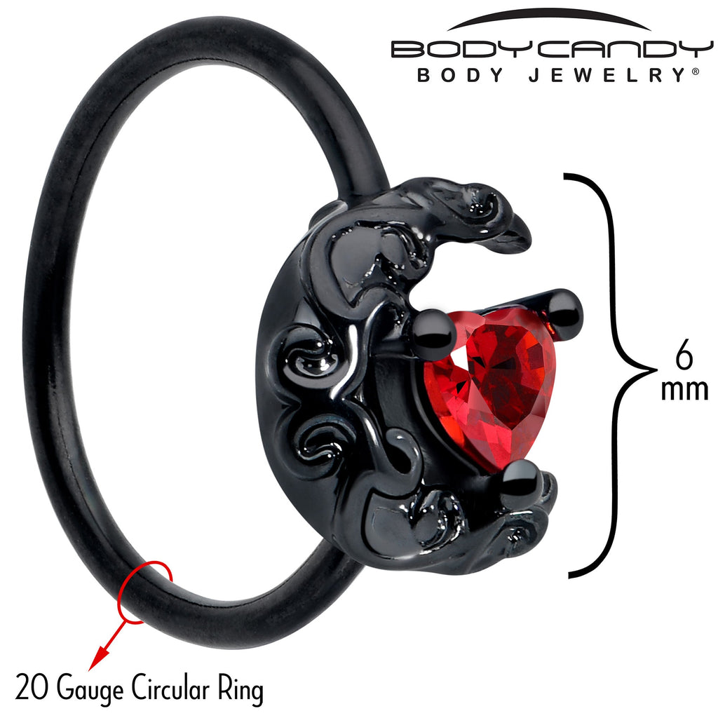 BodyCandy 20G 5/16 Red Gem Black Scroll Moon Heart Nose Hoop — detail close-up