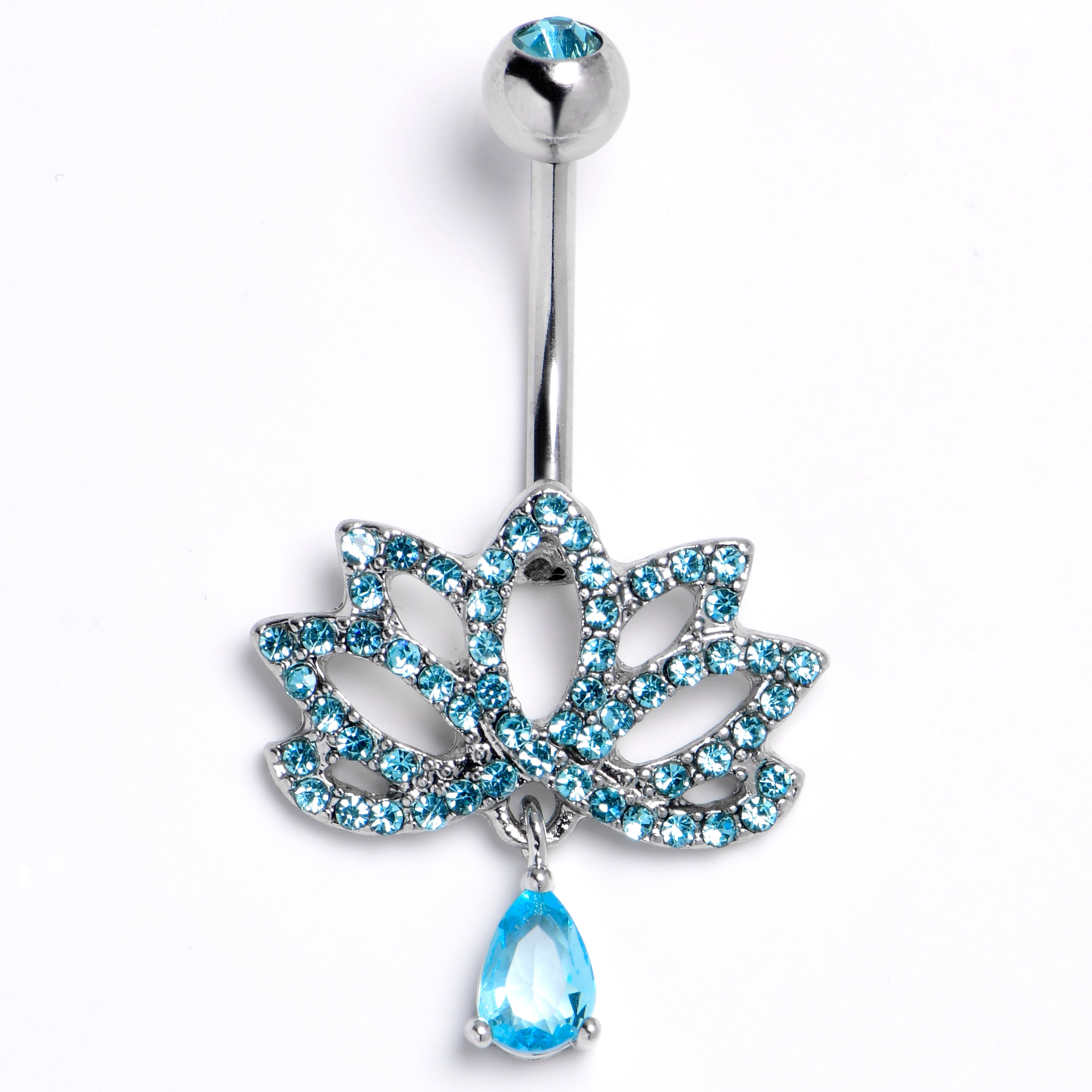 BodyCandy Blue CZ Gem Internally Threaded Lotus Fashion Flower Dangle Belly Ring — main product shot