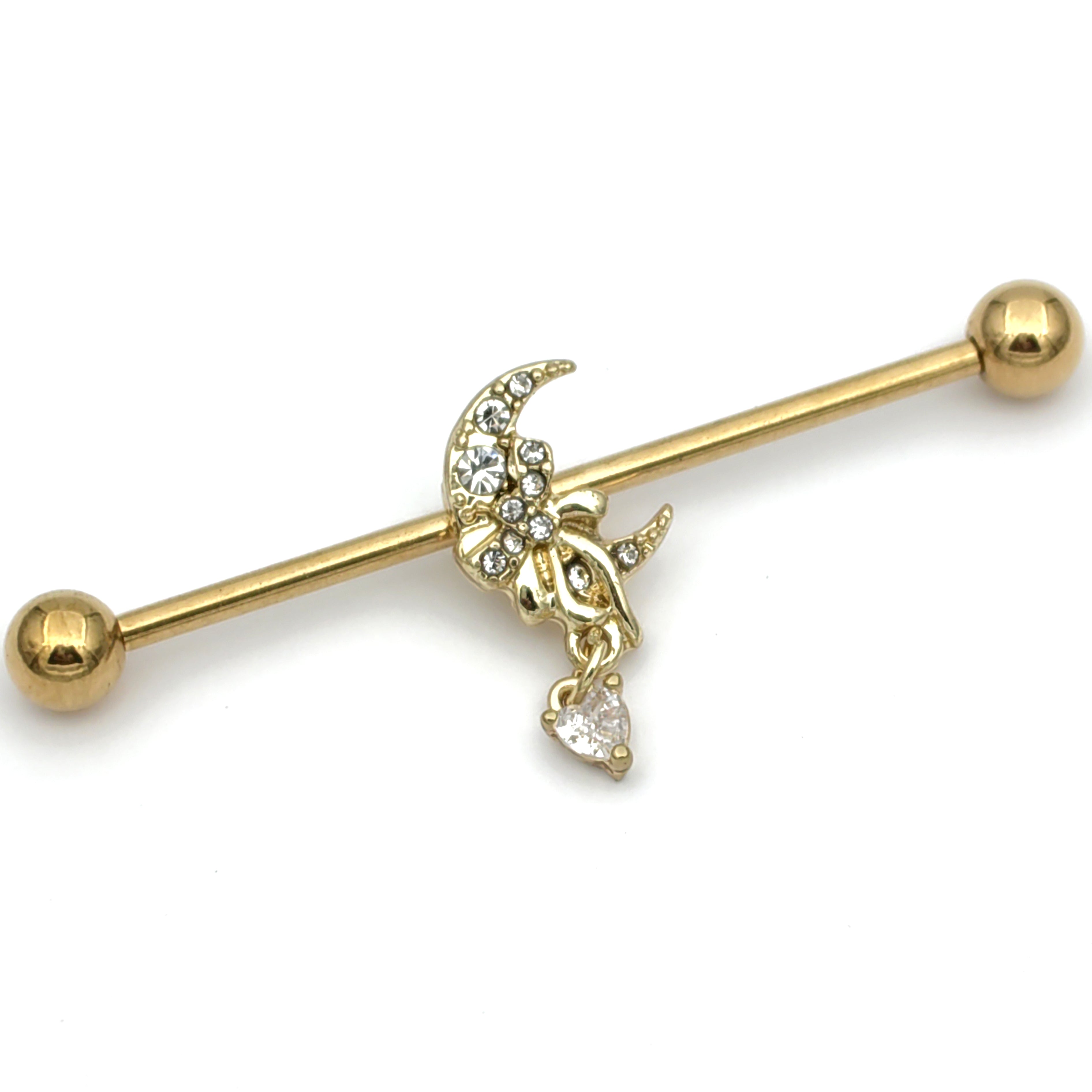 BodyCandy 14G Clear CZ Gem Gold Tone Moon Bow Heart Industrial Barbell 38mm — main product shot