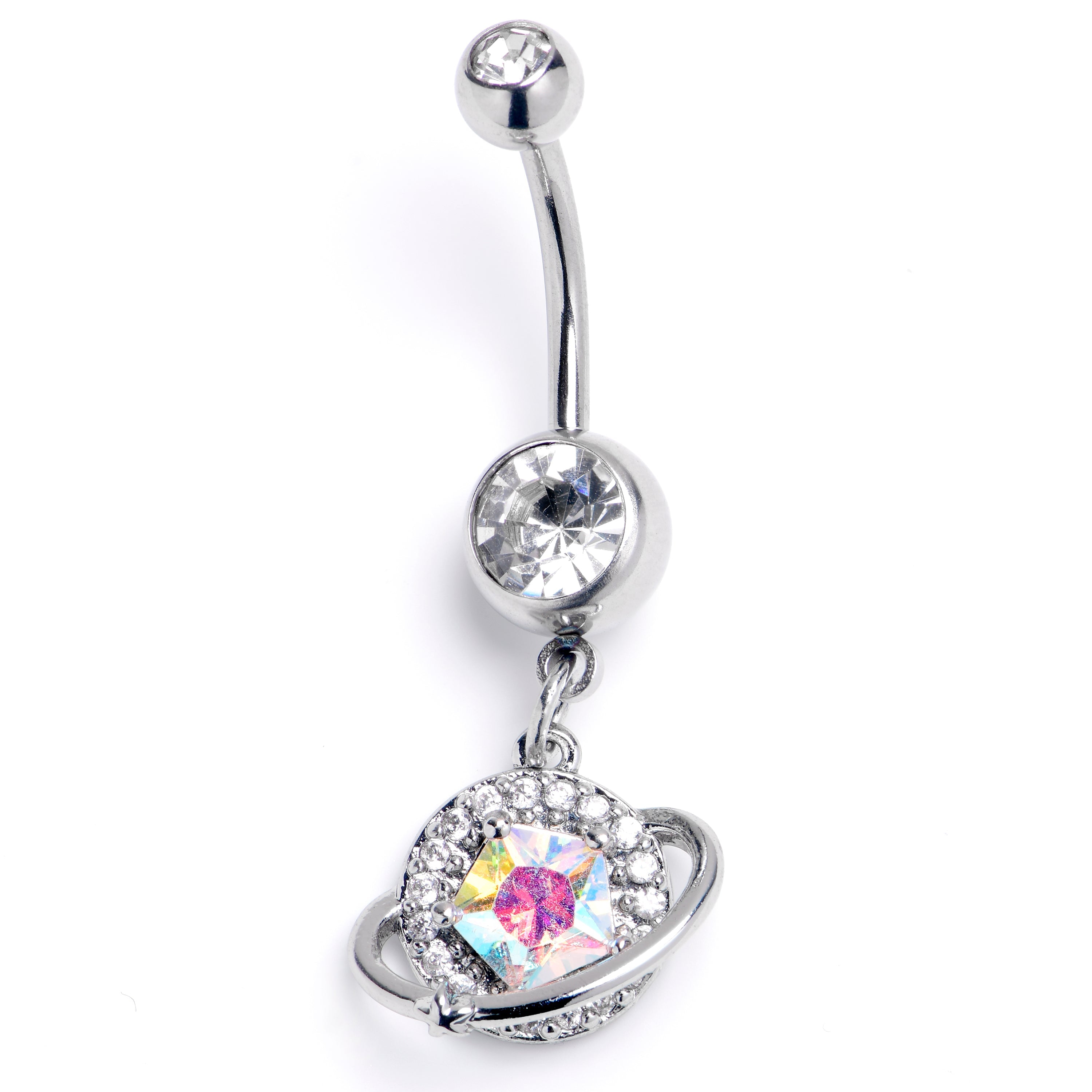 BodyCandy Aurora CZ Gem Textured Saturn Dangle Belly Ring — main product shot