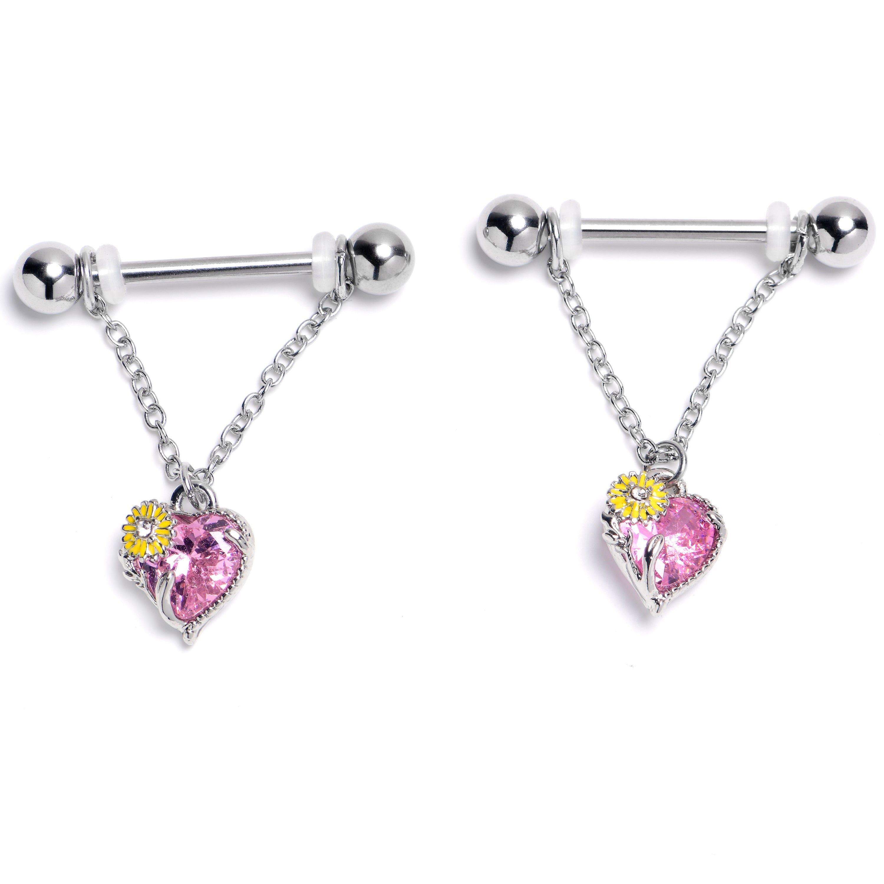 BodyCandy 14G 9/16 Pink CZ Gem Sunflower Heart Love Dangle Nipple Ring Set — main product shot