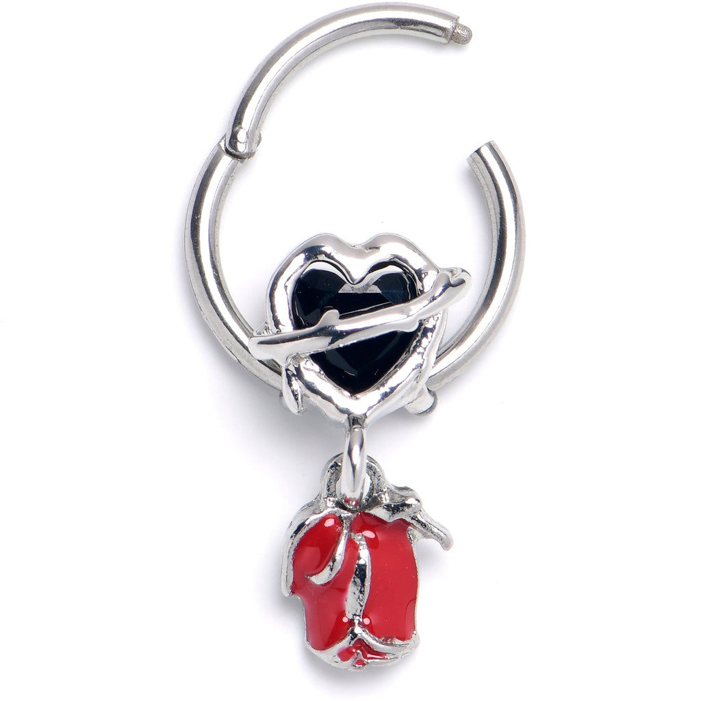 BodyCandy 16G 3/8 Barbed Heart Dangle Hinged Segment Ring — main product shot