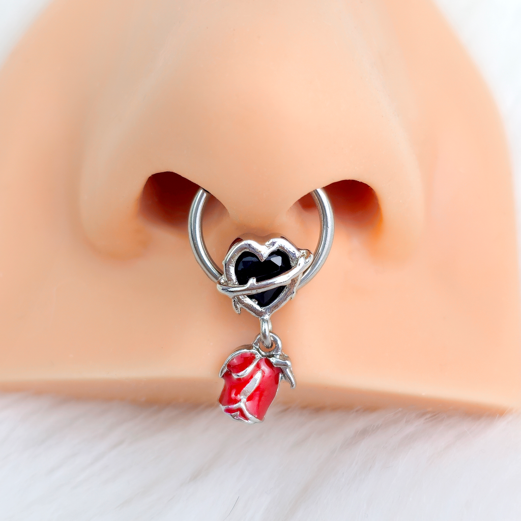 BodyCandy 16G 3/8 Barbed Heart Dangle Hinged Segment Ring — detail close-up