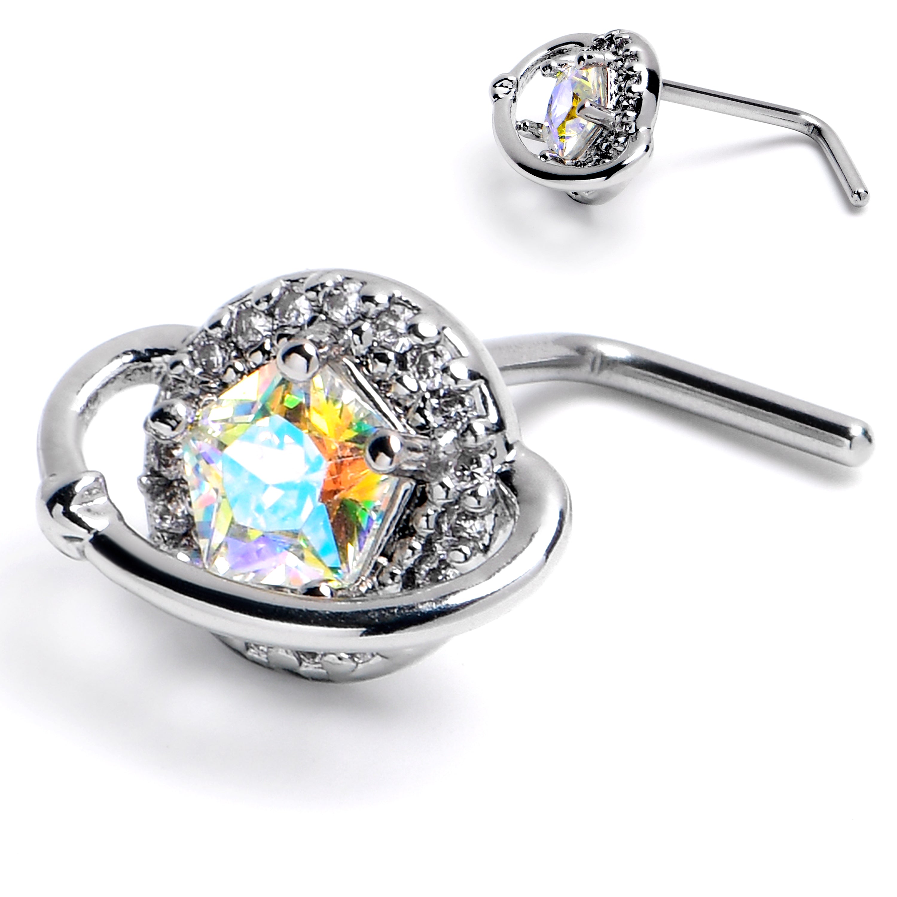 BodyCandy 20G 1/4 Aurora CZ Gem Textured Saturn L Shape Nose Ring — main product shot