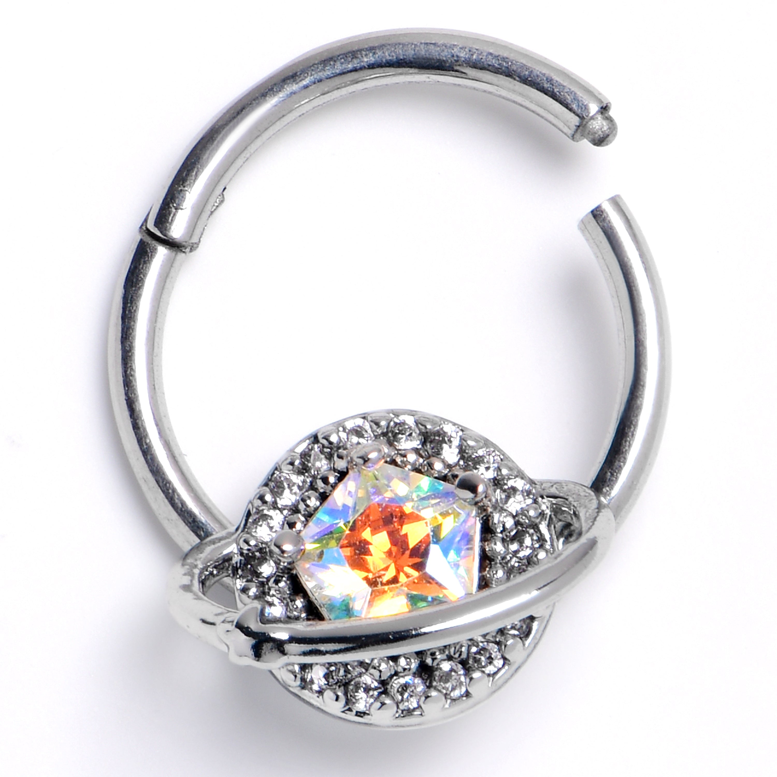 BodyCandy 16G 3/8 Aurora Clear CZ Gem Textured Saturn Hinged Segment Ring — main product shot