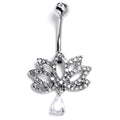 BodyCandy Clear CZ Gem Internally Threaded Lotus Fashion Flower Dangle Belly Ring — main product shot