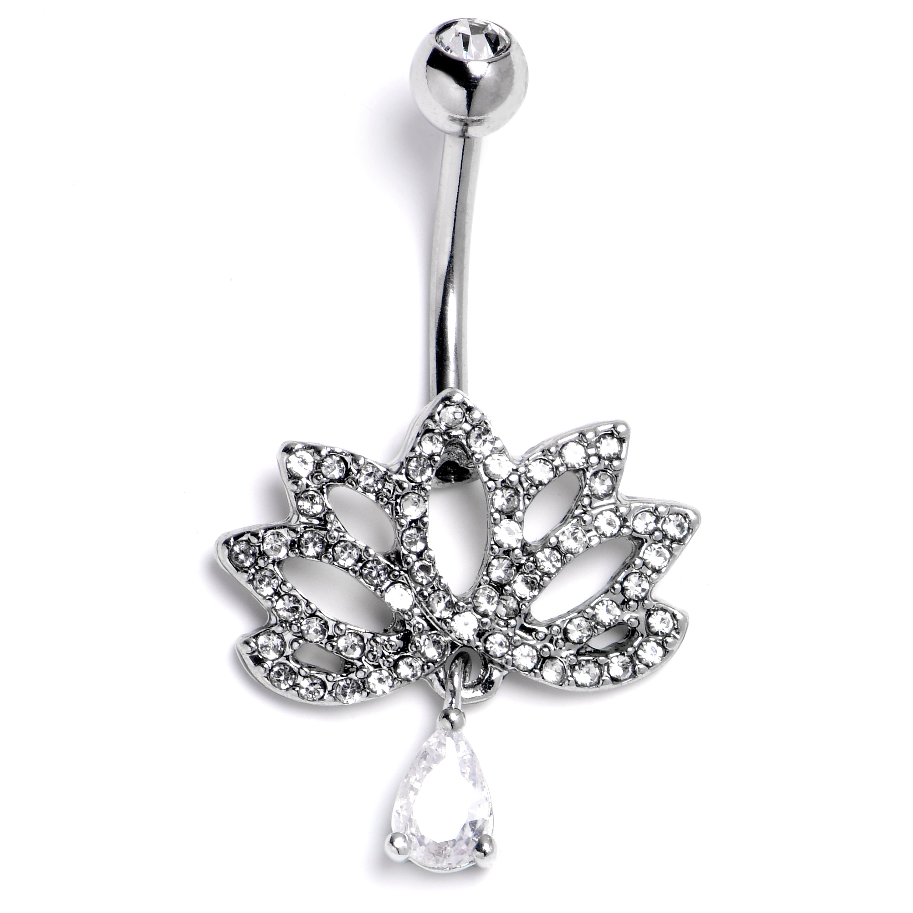 BodyCandy Clear CZ Gem Internally Threaded Lotus Fashion Flower Dangle Belly Ring — main product shot