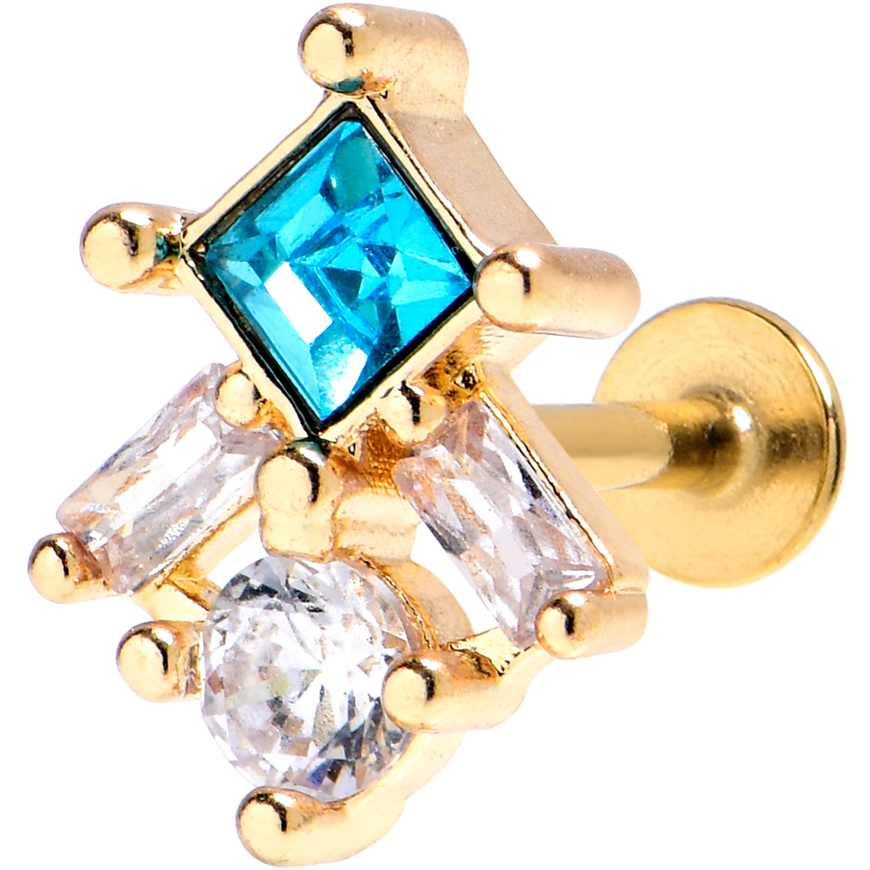 BodyCandy 16G 1/4 Blue Clear CZ Gem Gold Tone Rhombus Riot Labret — main product shot