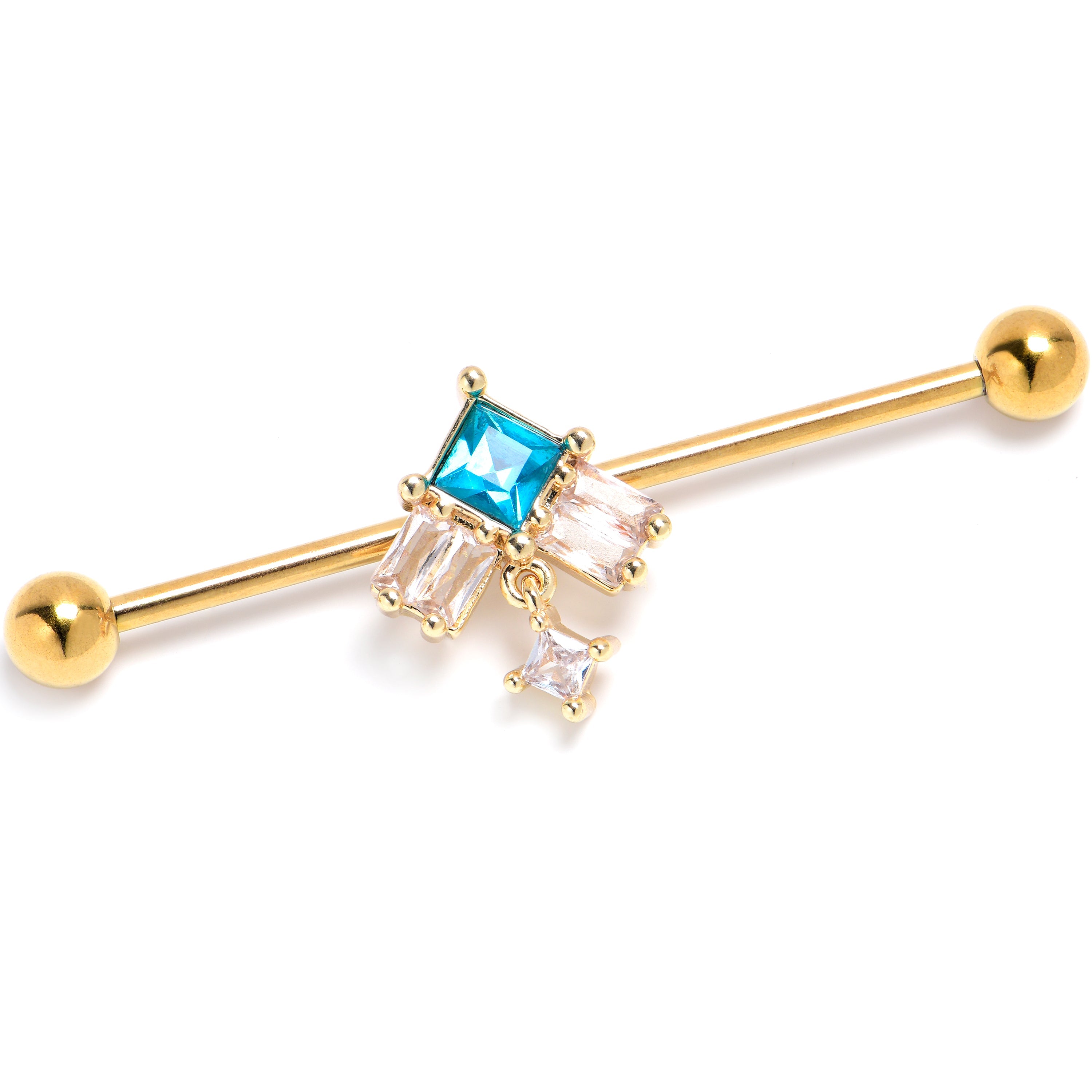 BodyCandy 14G Blue CZ Gem Gold Tone Rhombus Riot Industrial Barbell 38mm — main product shot