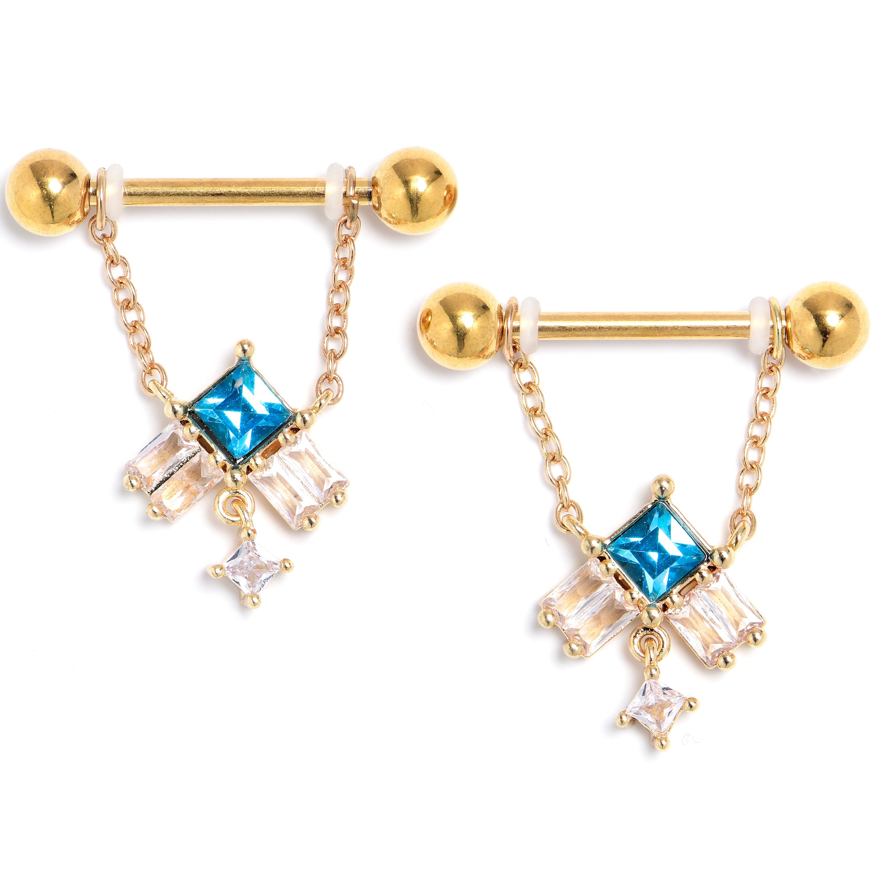 BodyCandy 14G 5/8 Blue CZ Gem Gold Tone Rhombus Riot Dangle Nipple Ring Set — main product shot