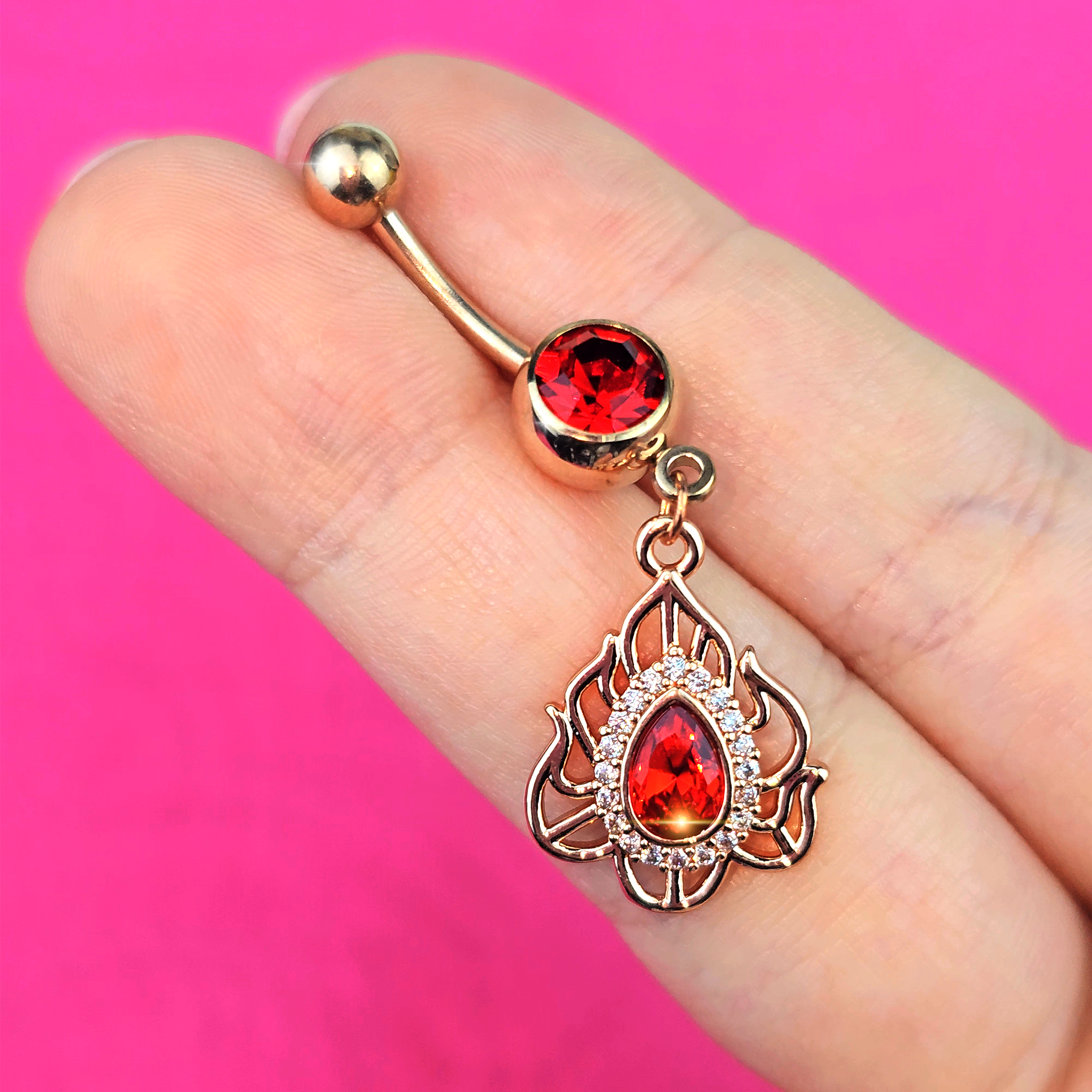 BodyCandy Red Gem Gold Tone Fire Flame Dangle Belly Ring — lifestyle context
