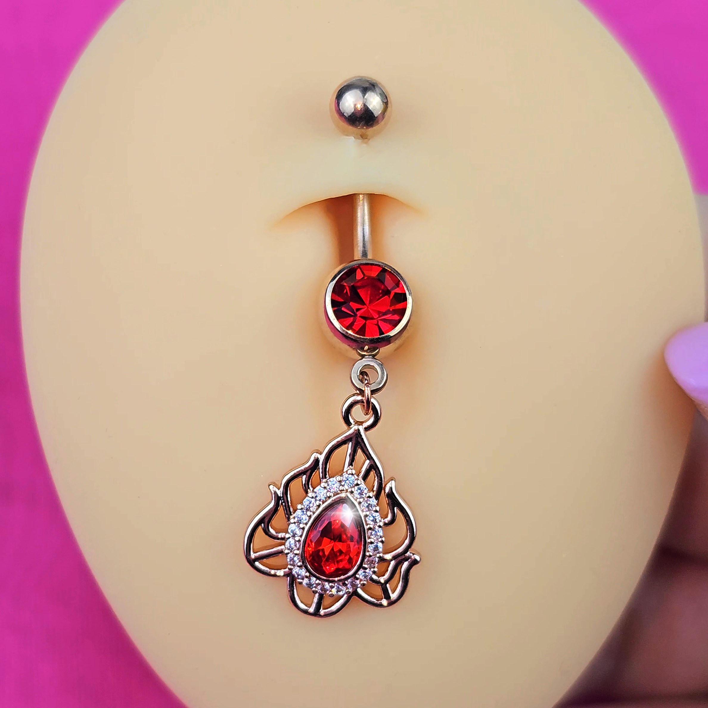 BodyCandy Red Gem Gold Tone Fire Flame Dangle Belly Ring — detail close-up