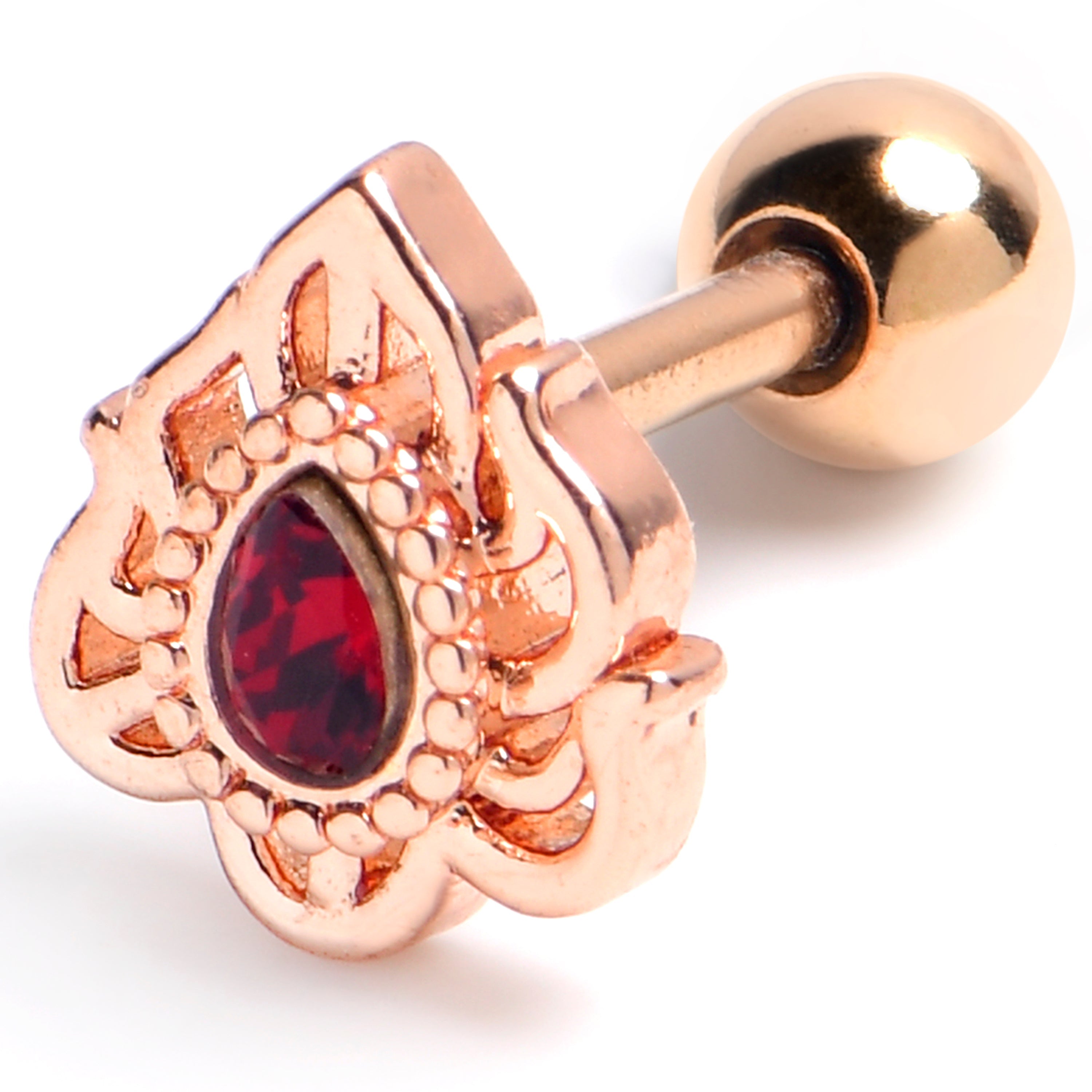 BodyCandy 16G 1/4 Red Gem Rose Gold Tone Firey Flame Cartilage Tragus Earring — main product shot