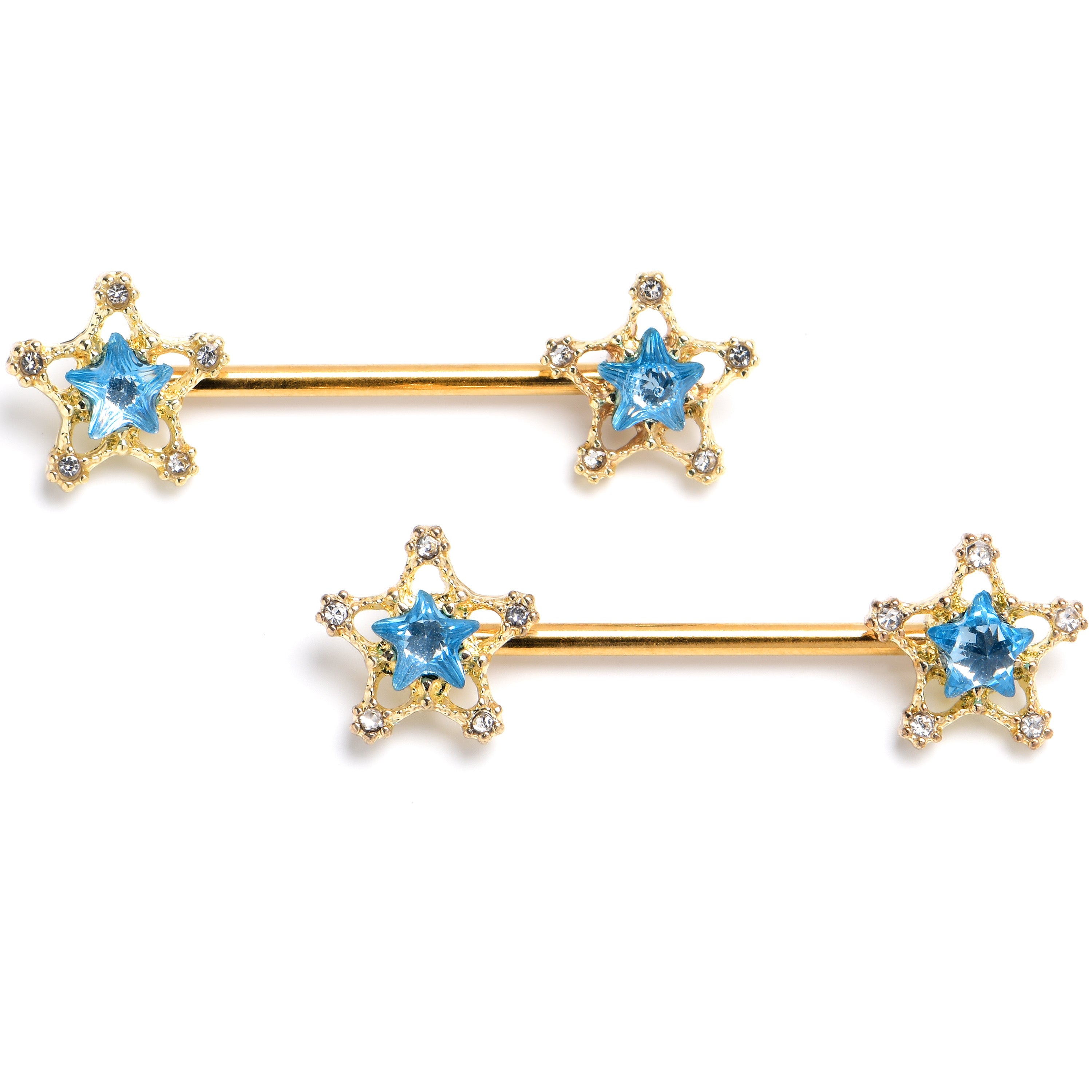 BodyCandy 14G Blue Gem Gold Tone Starry Glam Barbell Nipple Ring Set — main product shot