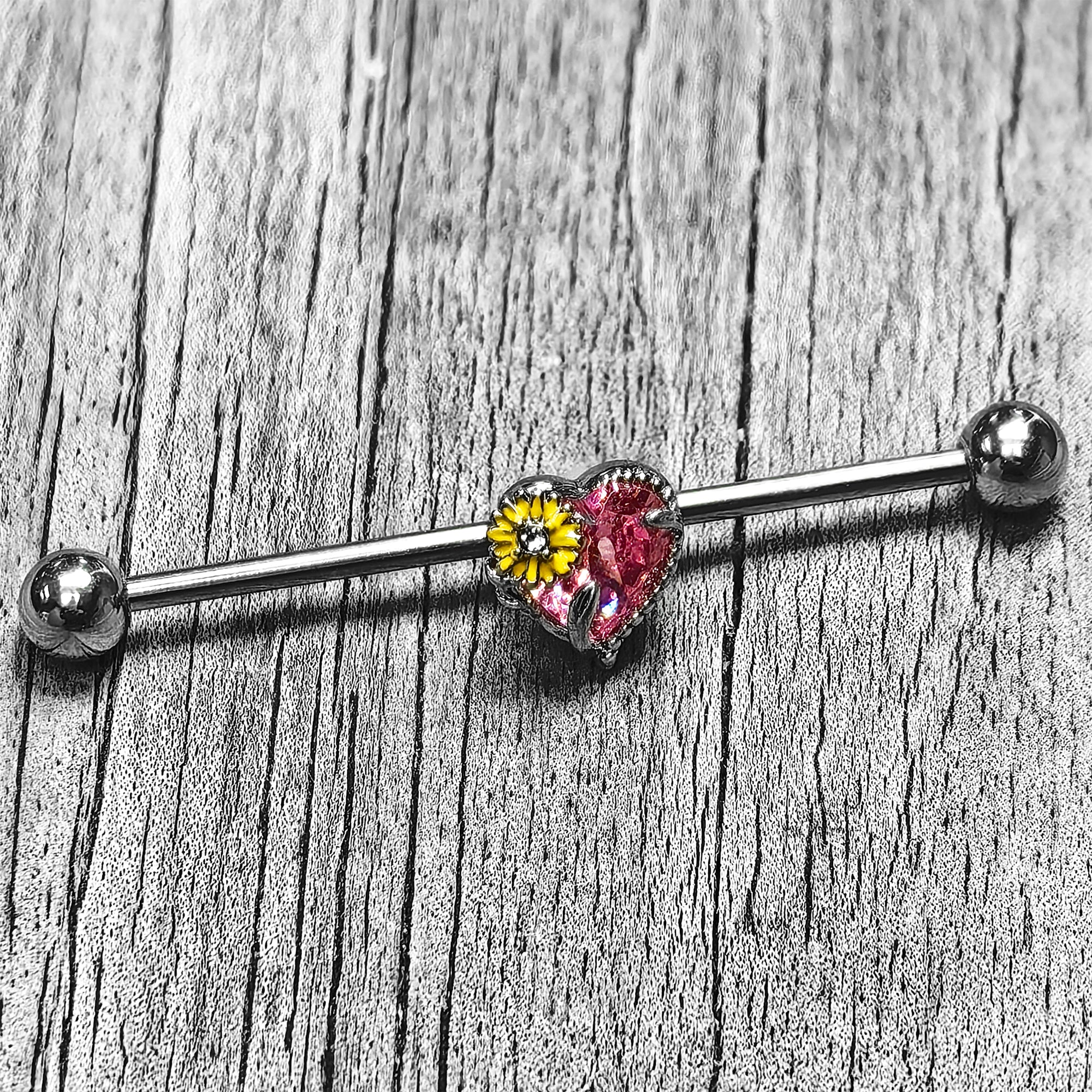BodyCandy 14G Clear Pink Gem Sunflower Heart Love Industrial Barbell 38mm — main product shot