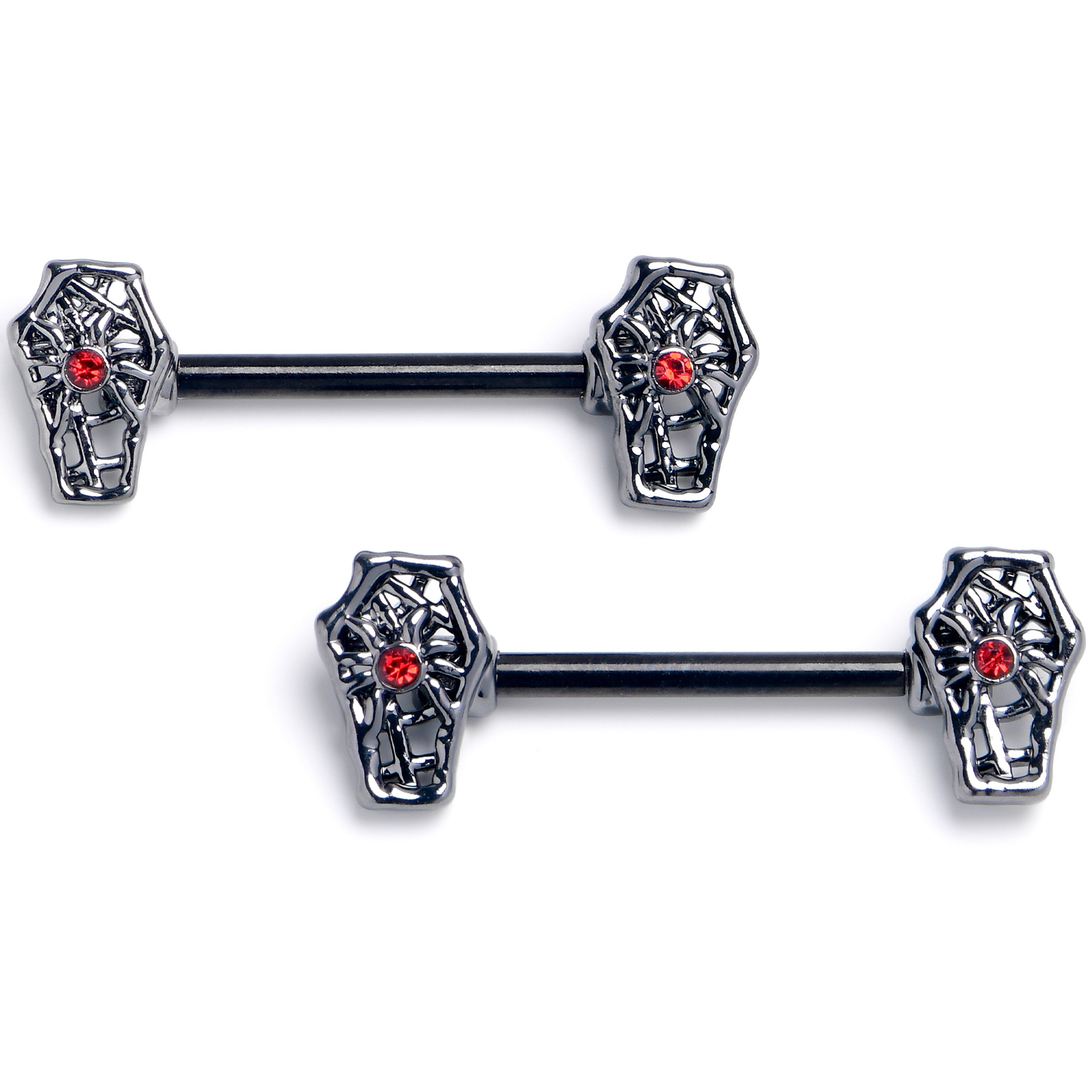 BodyCandy 14G 9/16 Red Gem Black Spider Coffin Barbell Nipple Ring Set — main product shot