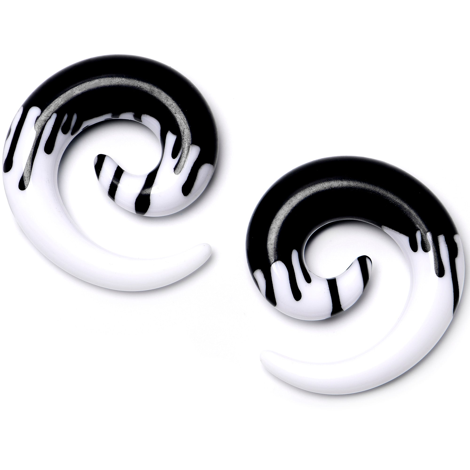 BodyCandy 0G White Black Drip Acrylic Spiral Taper Set — main product shot