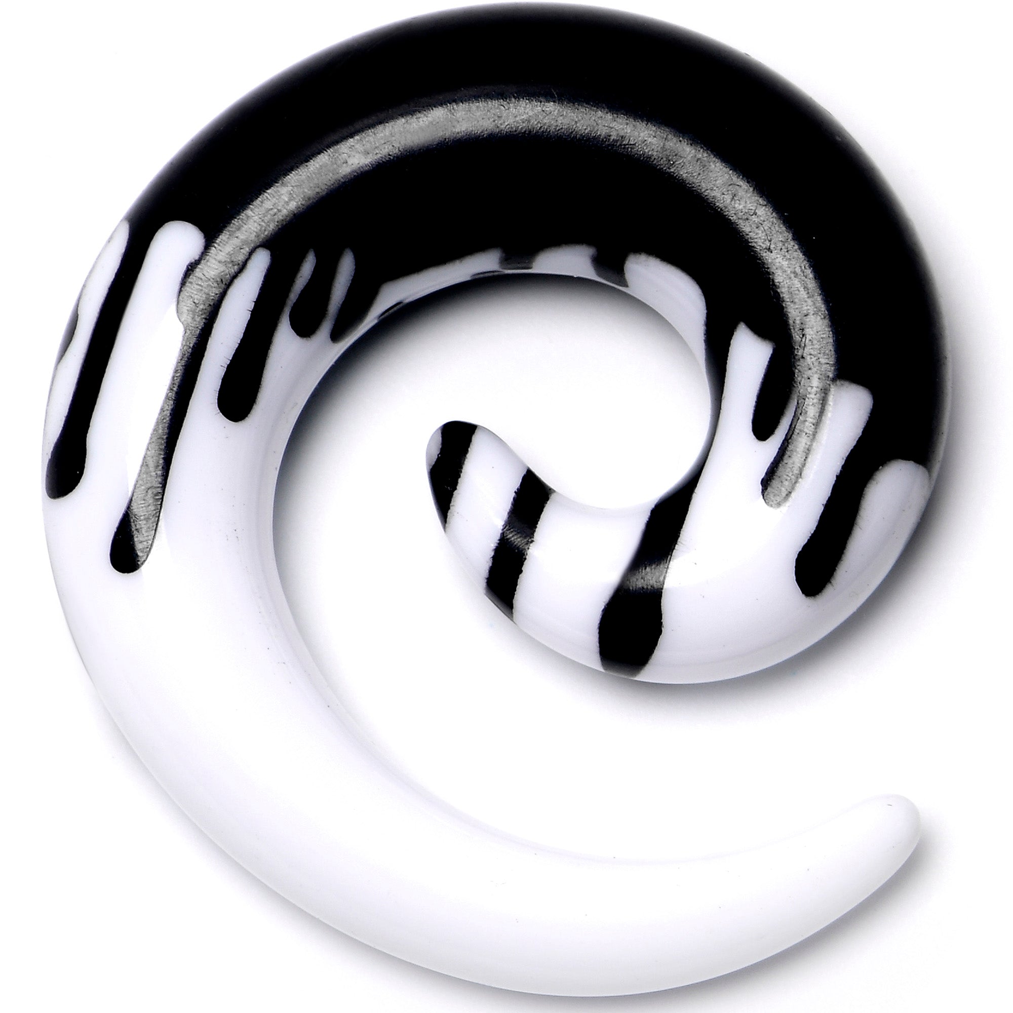BodyCandy 0G White Black Drip Acrylic Spiral Taper Set — detail close-up