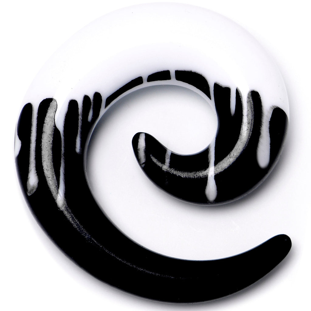 BodyCandy 0G Black White Reverse Drip Acrylic Spiral Taper Set — detail close-up