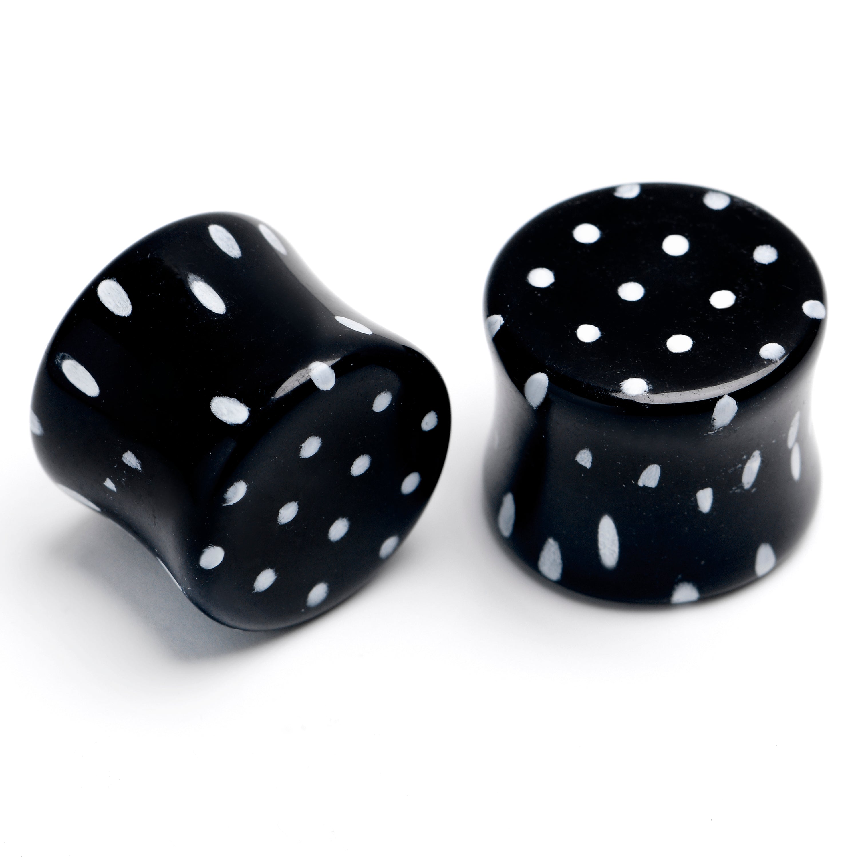 BodyCandy Black Acrylic Polka Dots White Double Flare Plug Set — in-use photo