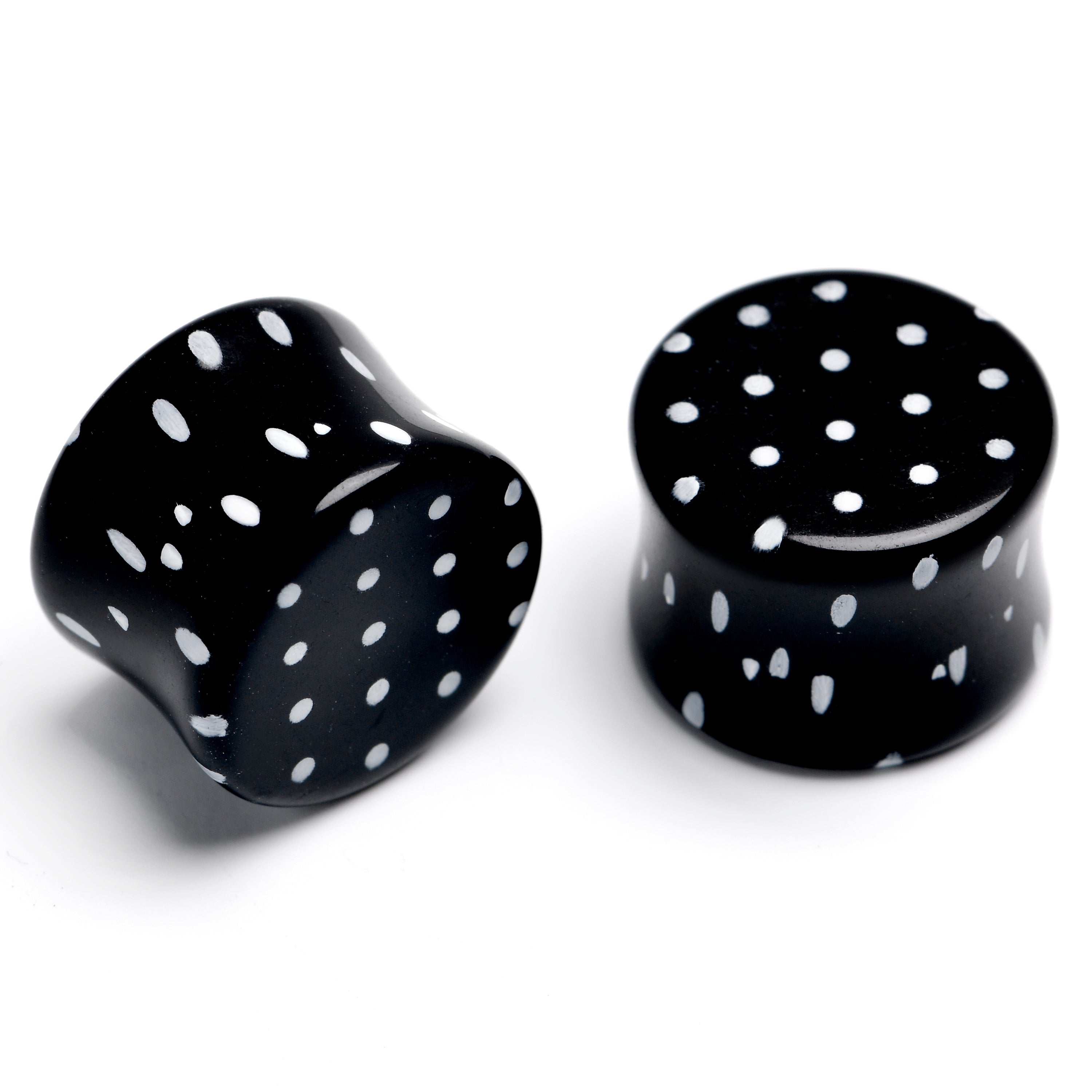 BodyCandy Black Acrylic Polka Dots White Double Flare Plug Set — size reference