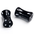 BodyCandy Black Acrylic Polka Dots White Double Flare Plug Set — detail close-up