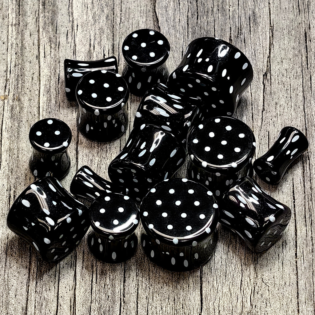 BodyCandy Black Acrylic Polka Dots White Double Flare Plug Set — main product shot