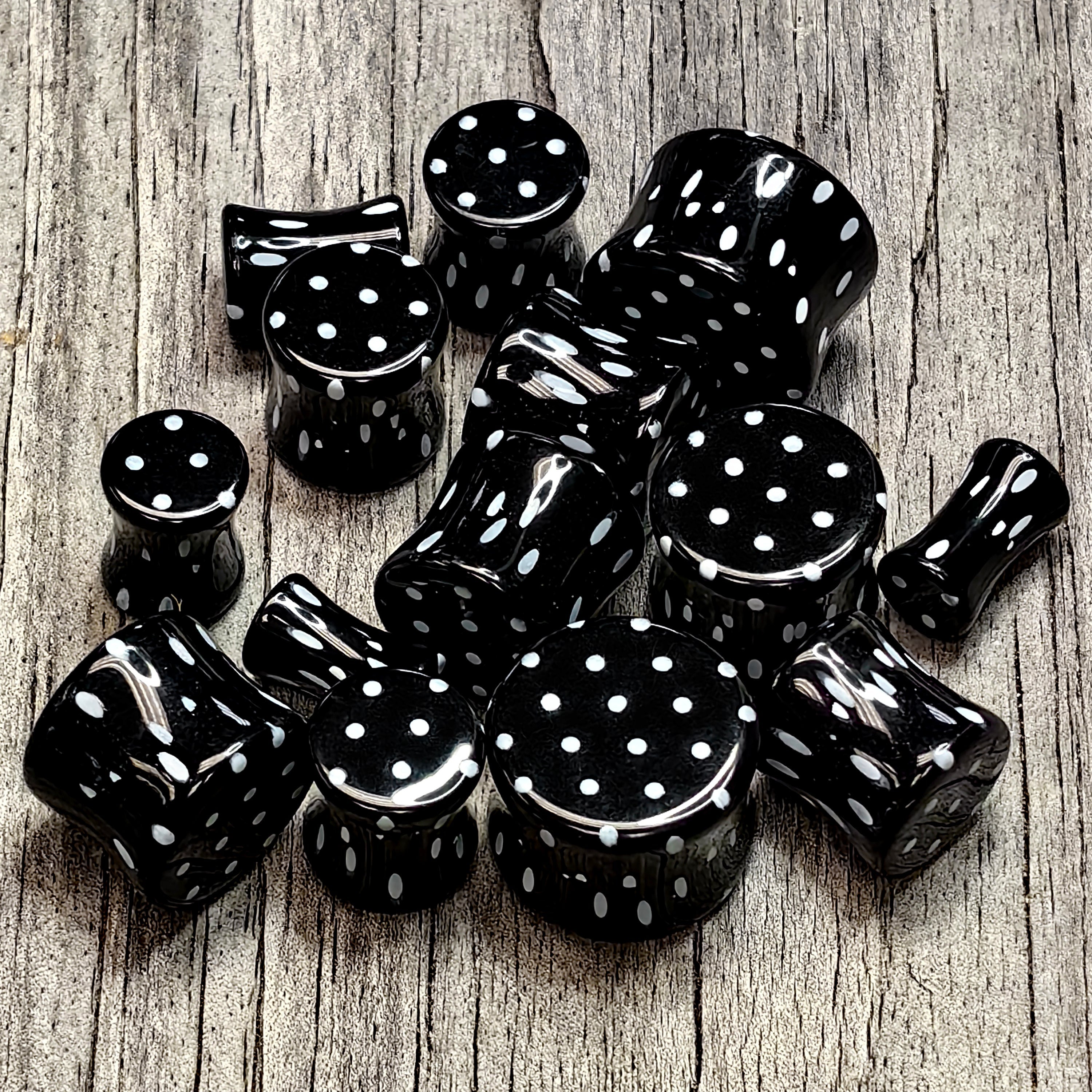 BodyCandy Black Acrylic Polka Dots White Double Flare Plug Set — main product shot