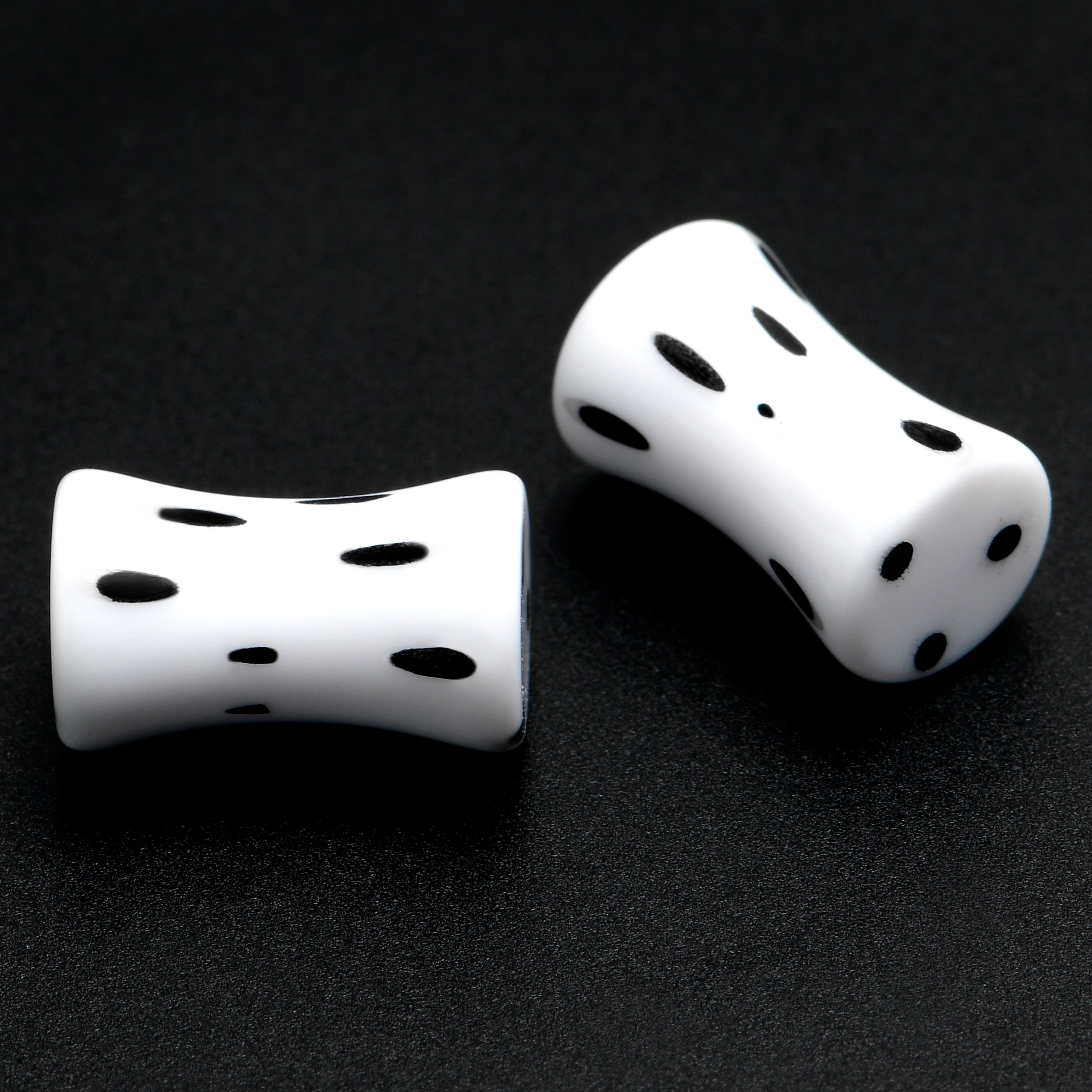 BodyCandy White Acrylic Retro Dots Black Double Flare Plug Set  6mm to 20mm Sizes — detail close-up