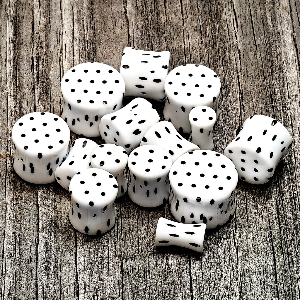 BodyCandy White Acrylic Retro Dots Black Double Flare Plug Set  6mm to 20mm Sizes — main product shot