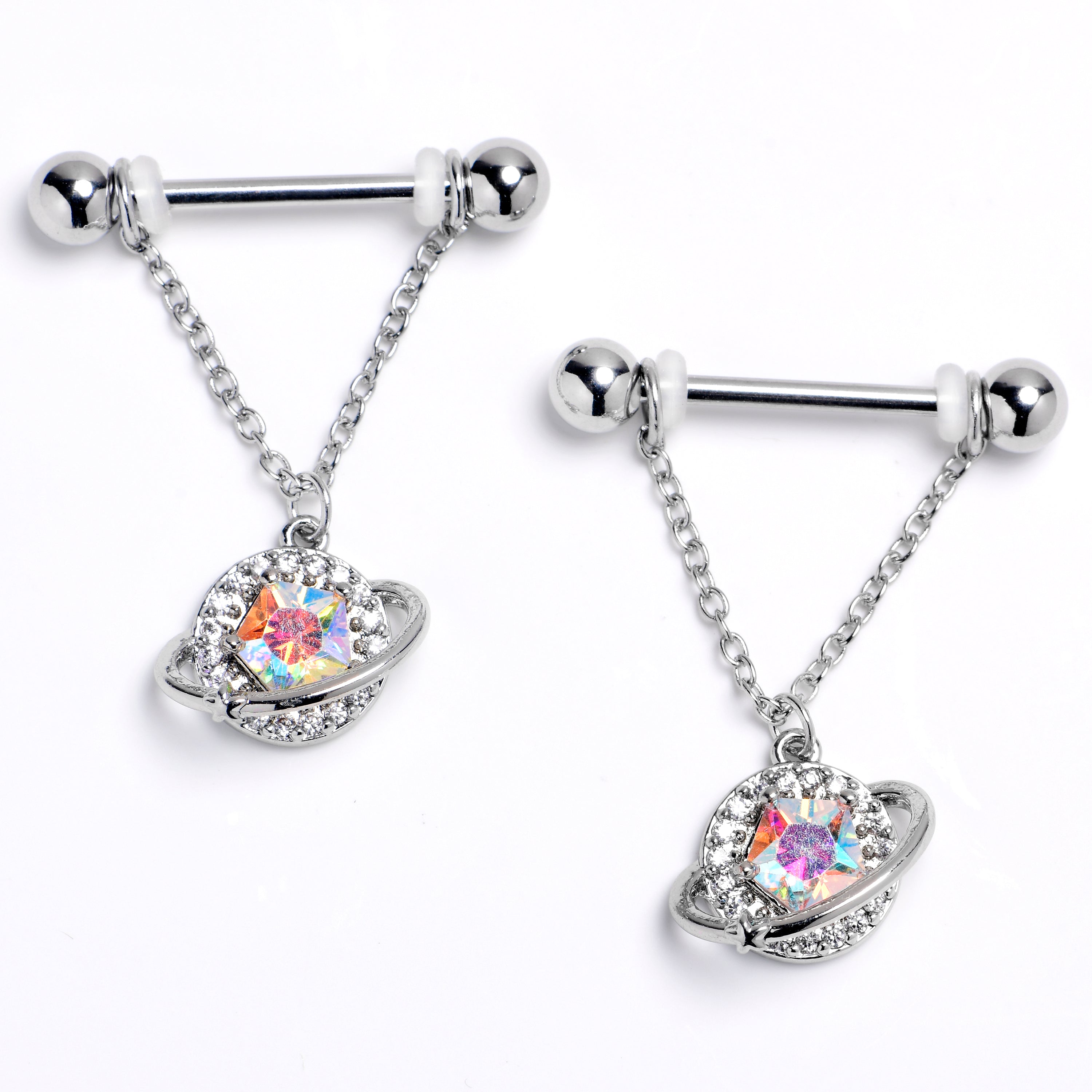 BodyCandy 14G 9/16 Aurora CZ Gem Textured Saturn Dangle Nipple Ring Set — main product shot