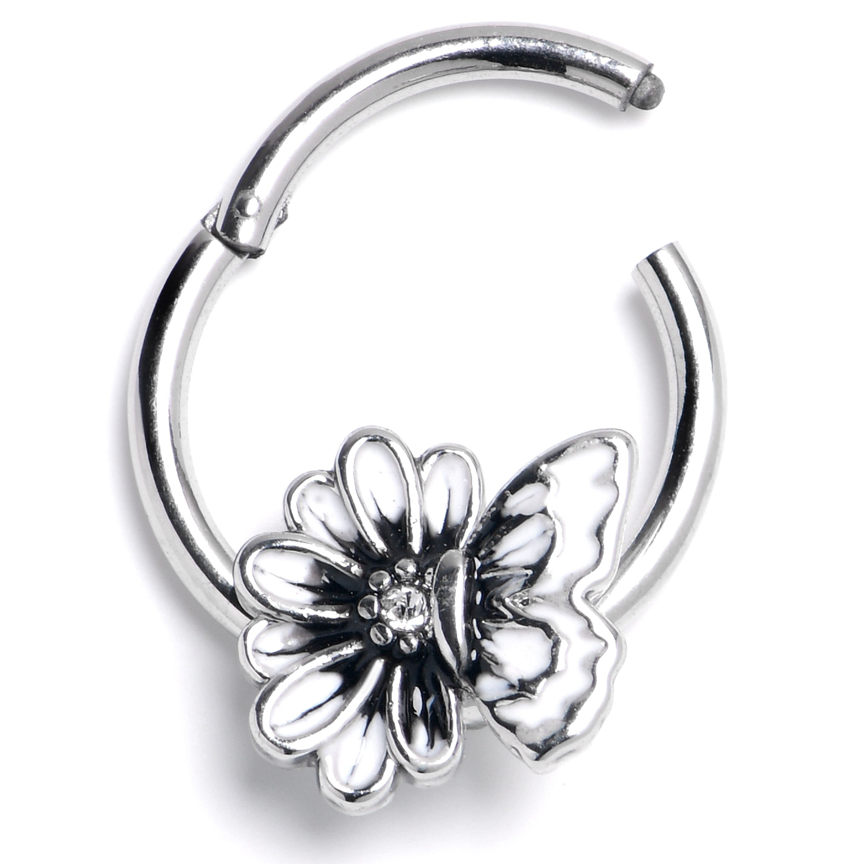 BodyCandy 16G 3/8 Clear CZ Gem Butterfly Blossom Black Hinged Segment Ring — main product shot