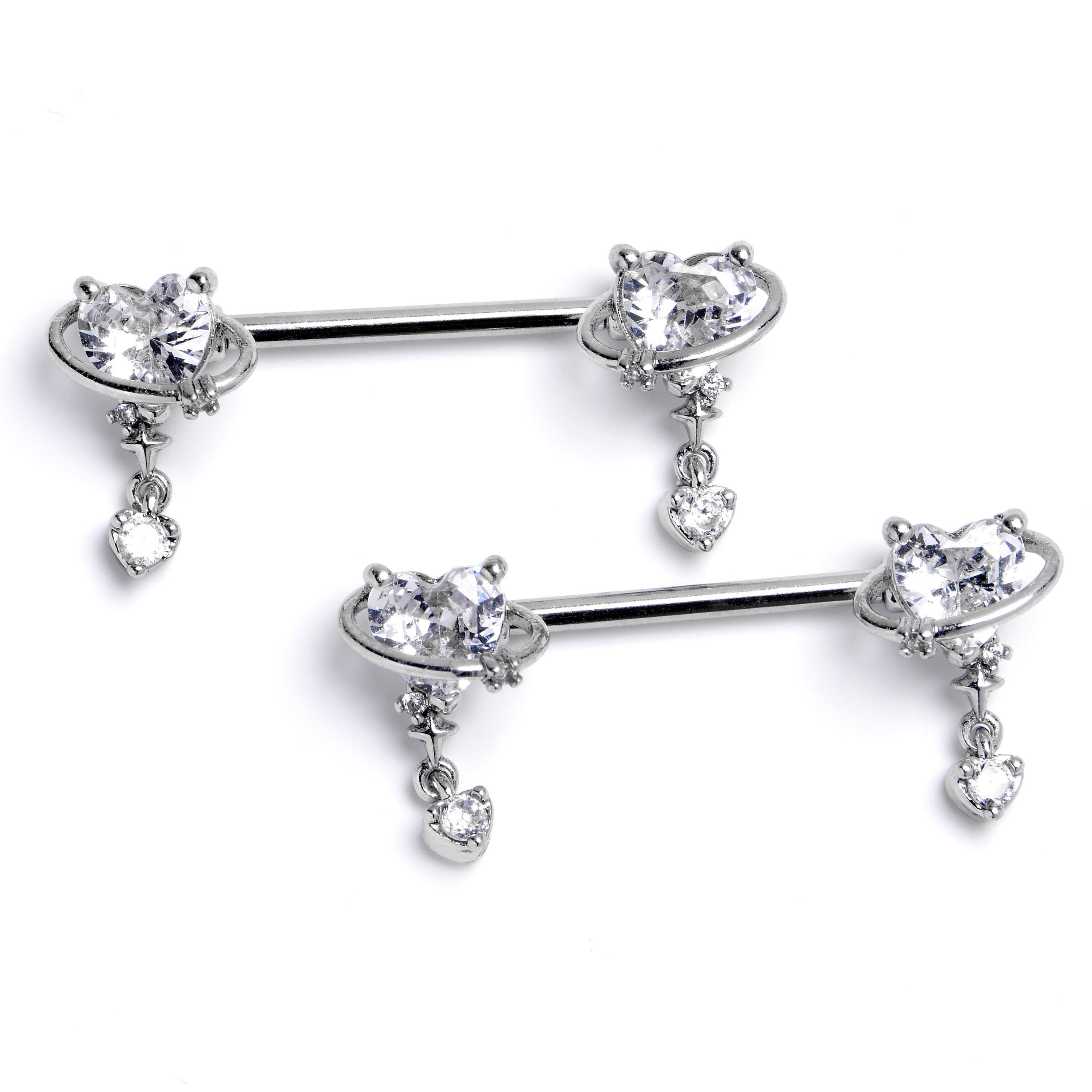 BodyCandy 14G 9/16 Clear CZ Gem Saturn Heart Dangle Nipple Ring Set — main product shot