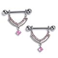 BodyCandy 14G 9/16 Pink CZ Gem Double Curvation Dangle Nipple Ring Set — main product shot