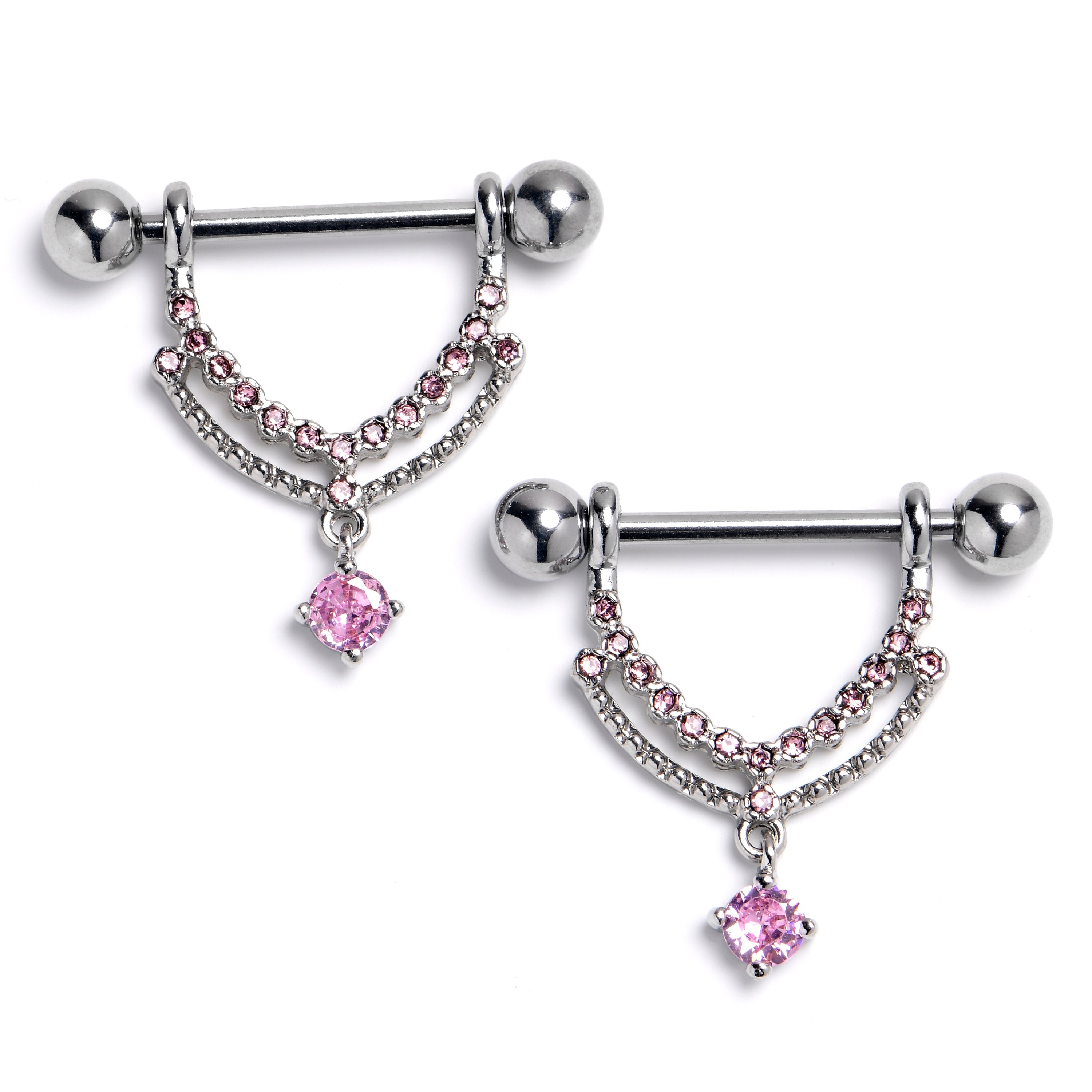 BodyCandy 14G 9/16 Pink CZ Gem Double Curvation Dangle Nipple Ring Set — main product shot