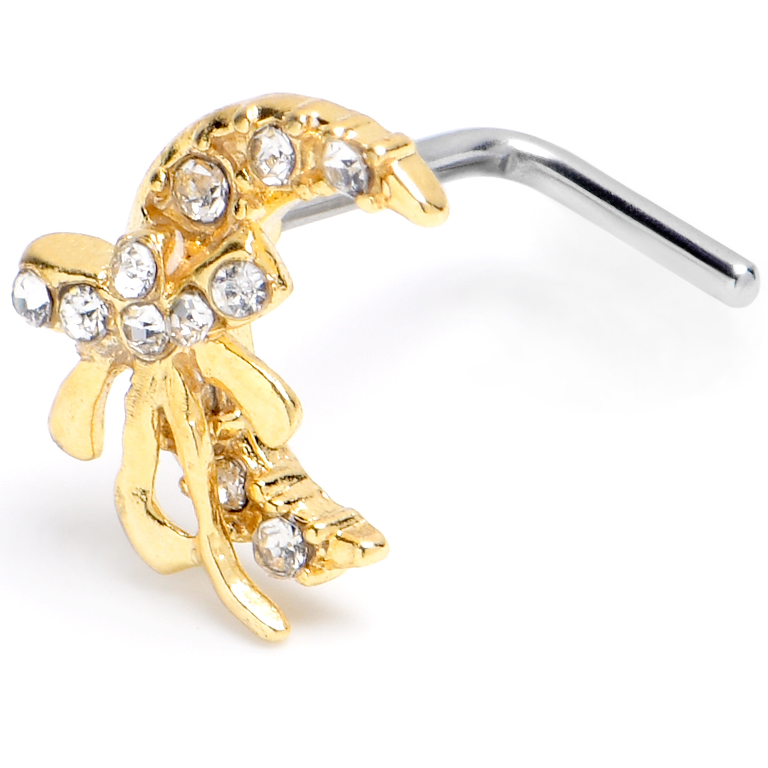 BodyCandy 20G 1/4 Clear CZ Gem Bow Golden Moon L Shape Nose Ring — main product shot