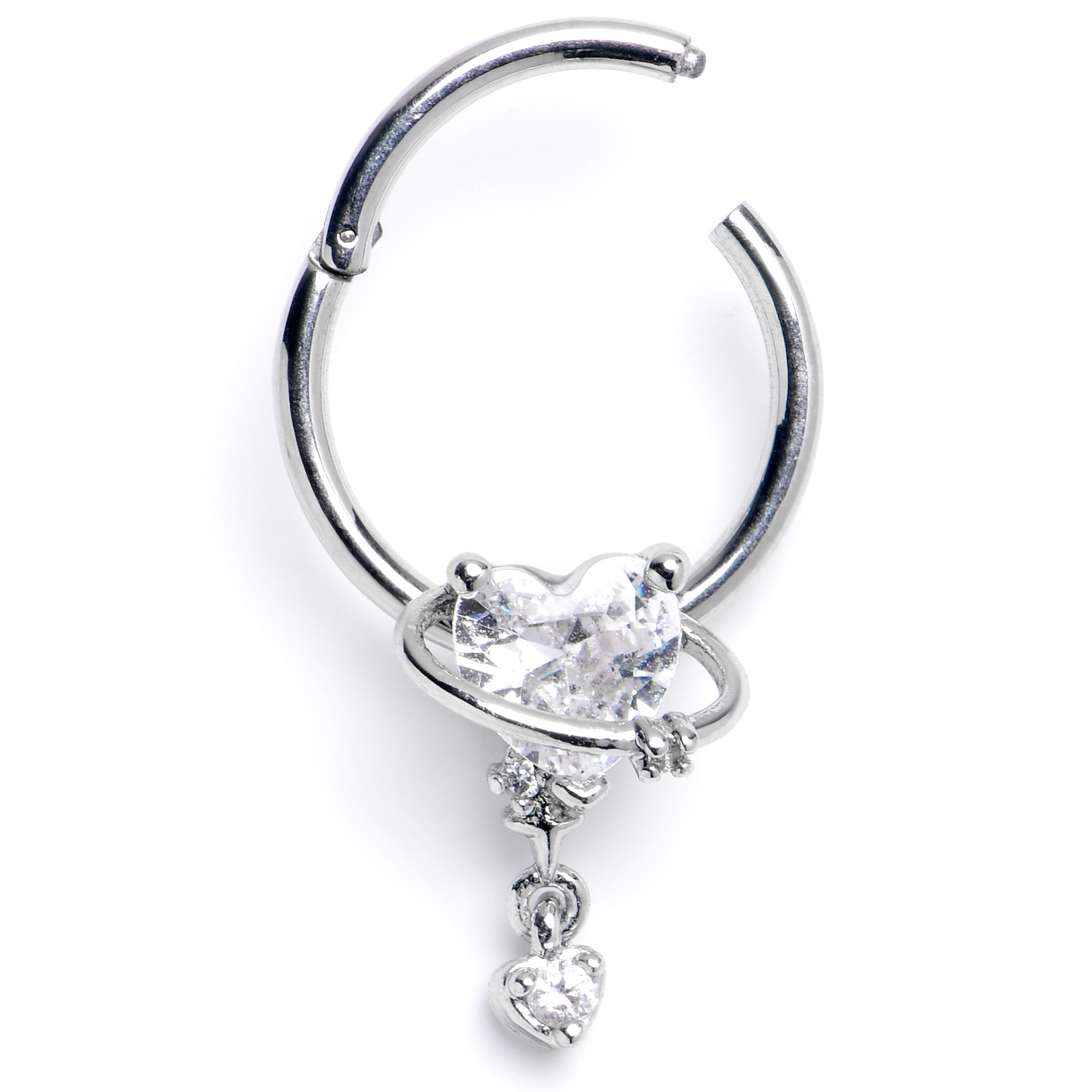 BodyCandy 16G 3/8 Clear CZ Gem Saturn Heart Dangle Hinged Segment Ring — main product shot