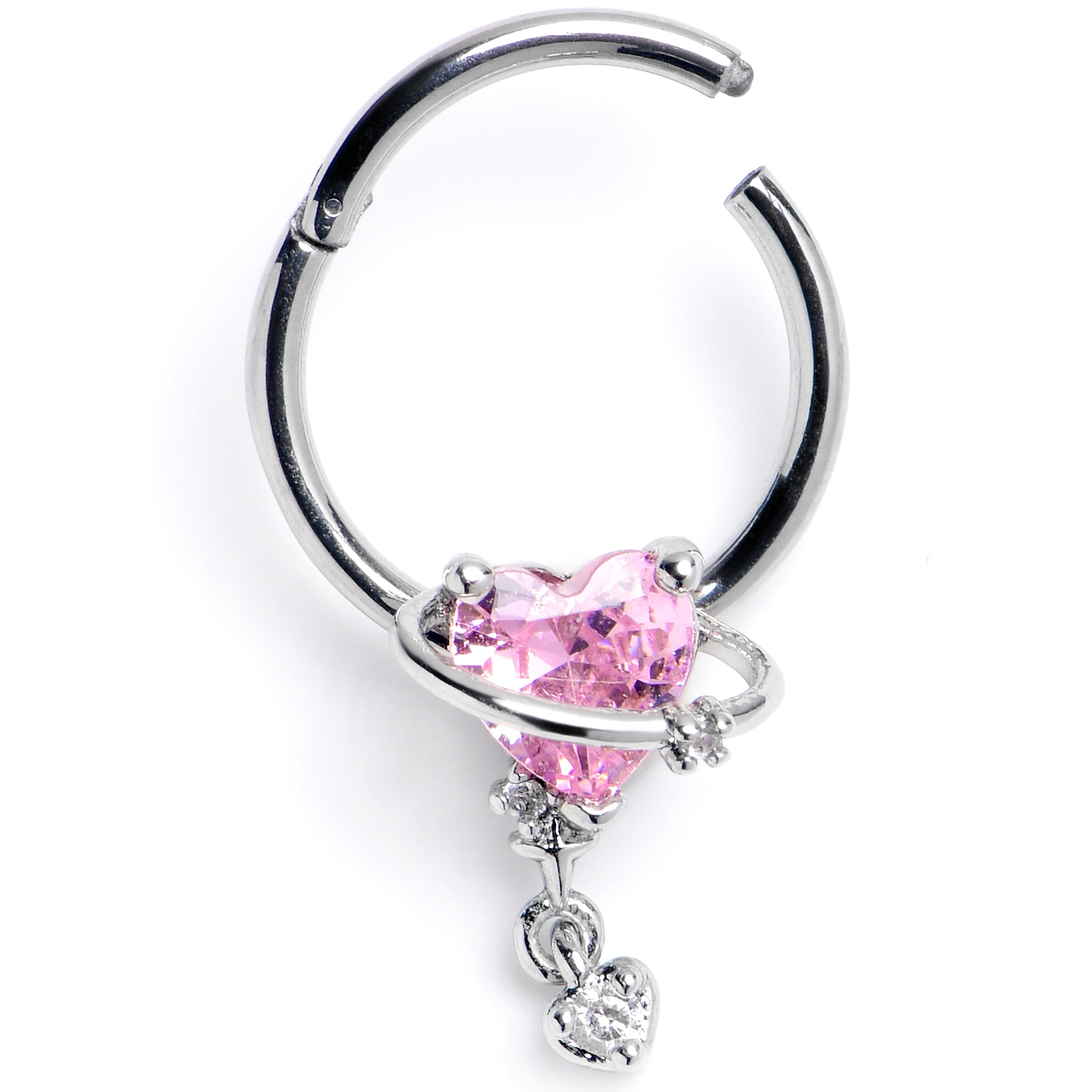BodyCandy 16G 3/8 Pink CZ Gem Saturn Heart Dangle Hinged Segment Ring — main product shot