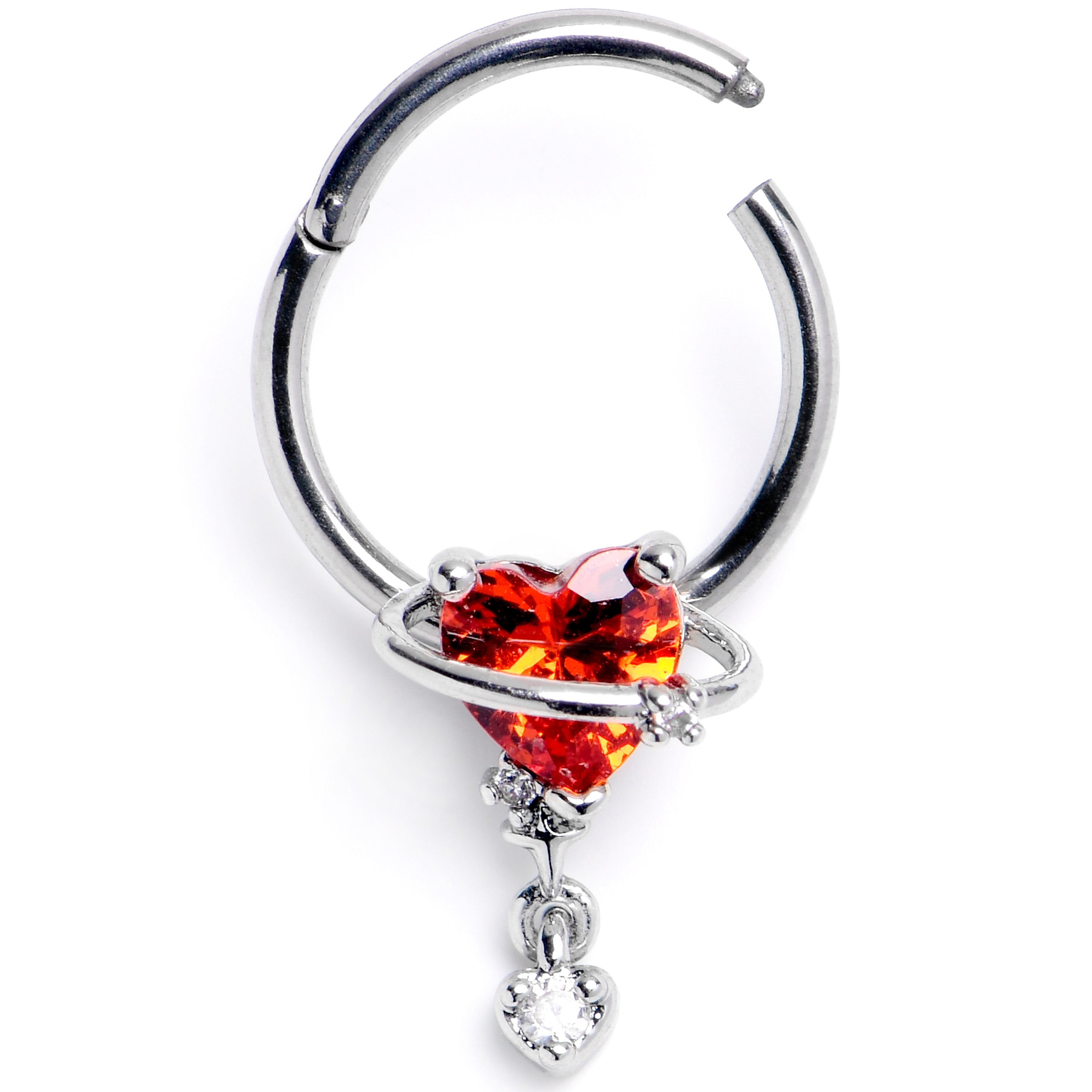 BodyCandy 16G 3/8 Red CZ Gem Saturn Heart Dangle Hinged Segment Ring — main product shot