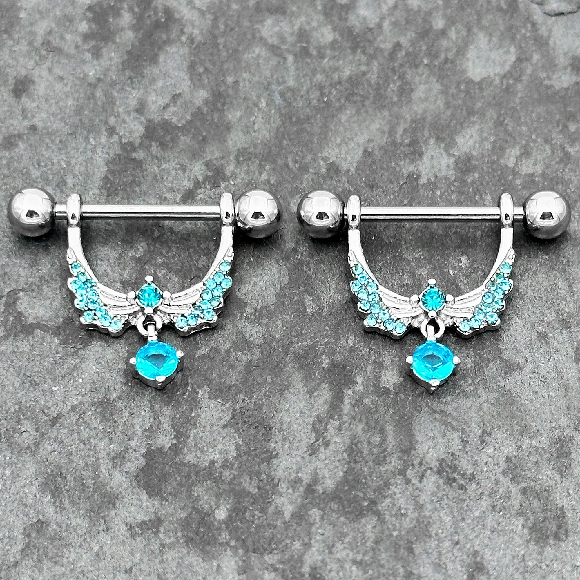 BodyCandy 14G 9/16 Blue CZ Gem Alluring Wings Dangle Nipple Ring Set — main product shot